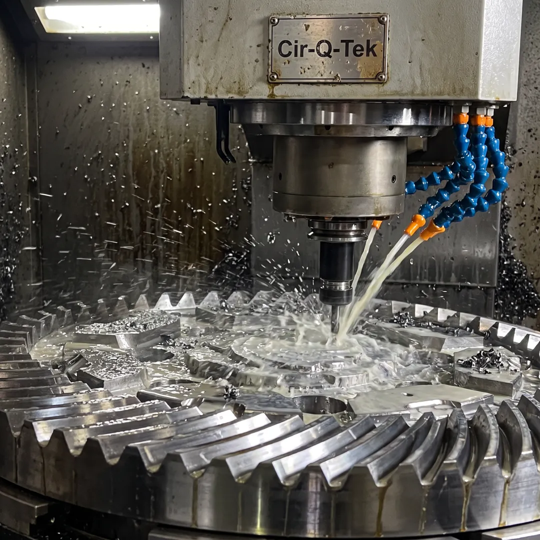 Precision CNC milling machine producing a complex part
