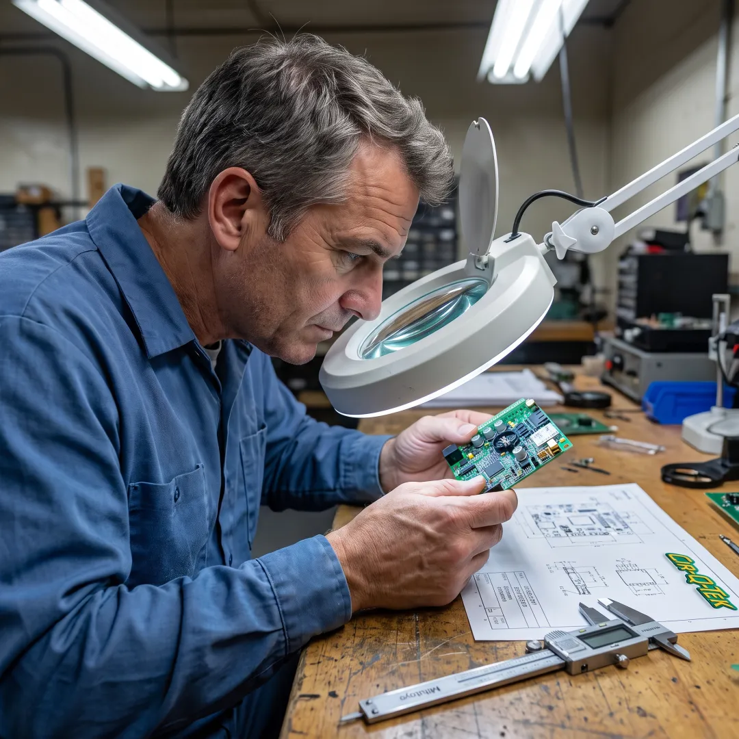 Engineer inspecting a compact PCB