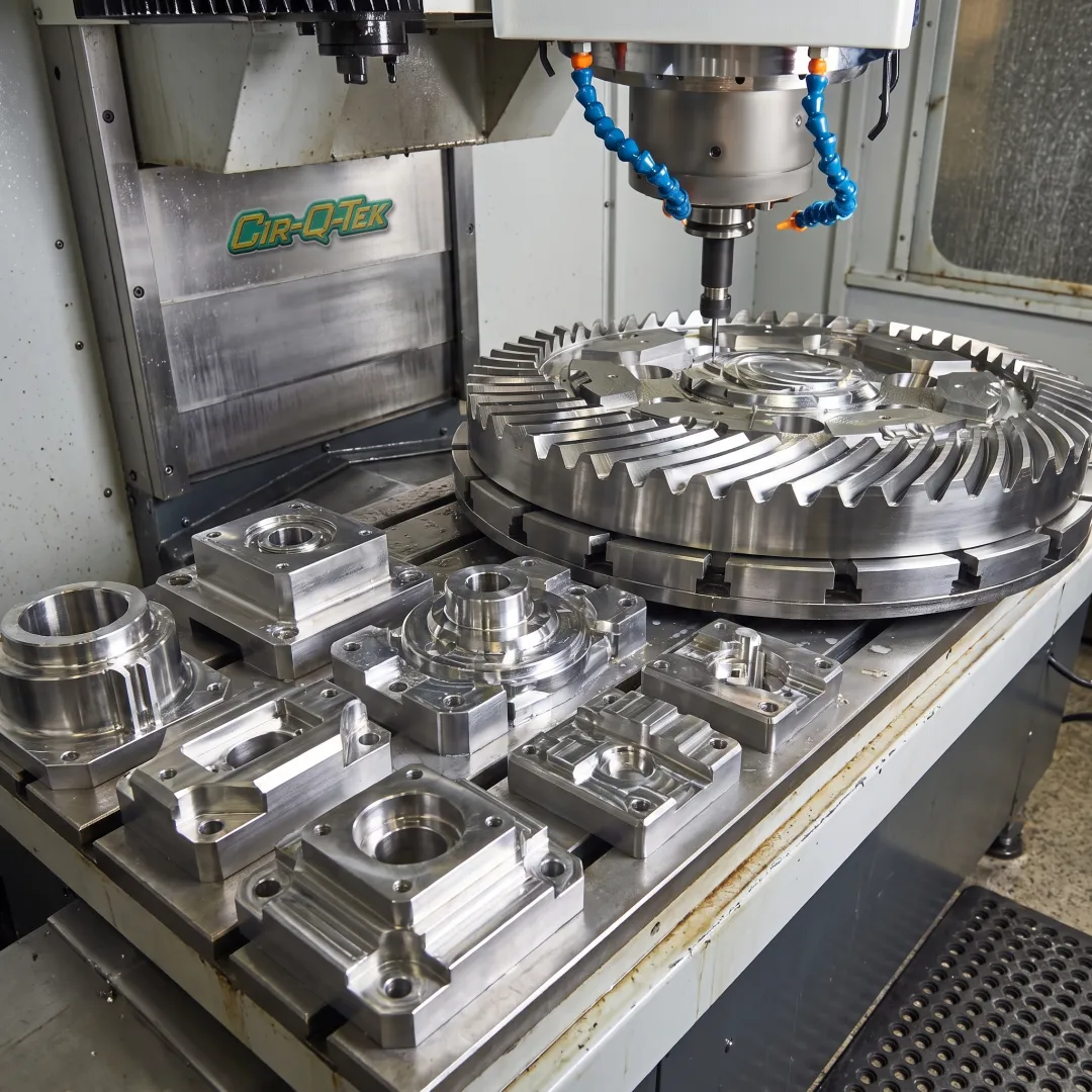 Precision-machined components beside a CNC milling machine