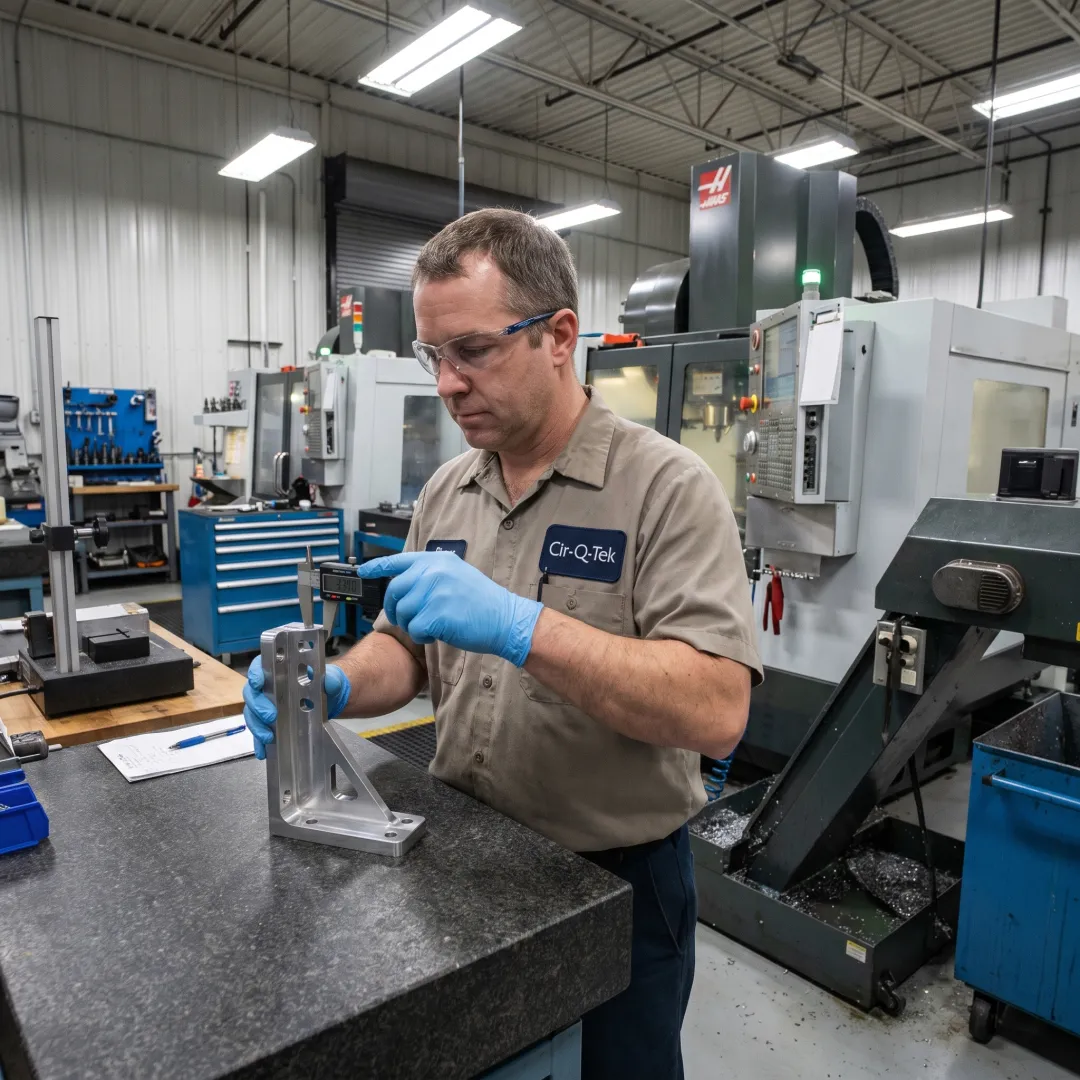 Technician inspecting a machined metal bracket