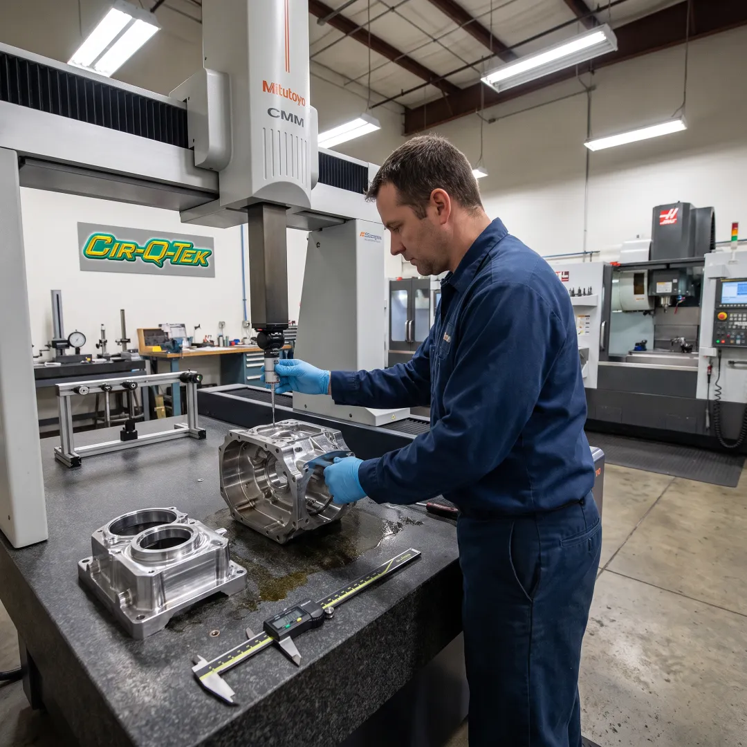 Technician inspecting a precision-machined component