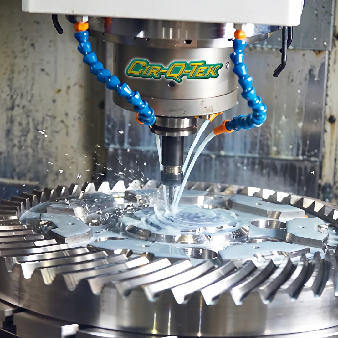 CNC milling machine cutting a precision metal component