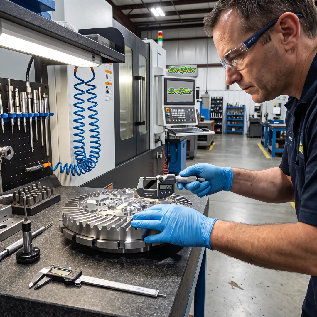 Technician inspecting a precision milled part