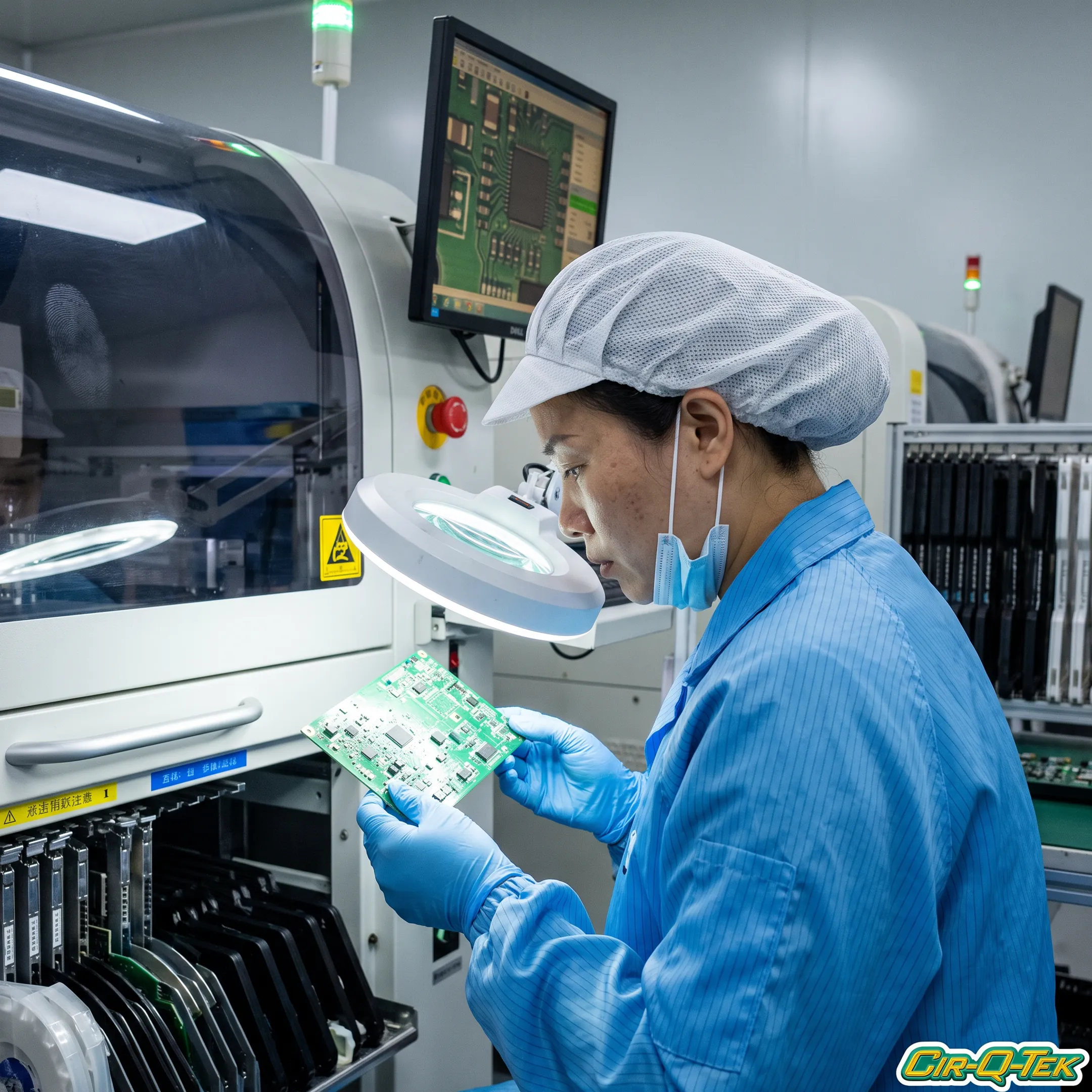 Technician inspecting a medical electronics assembly