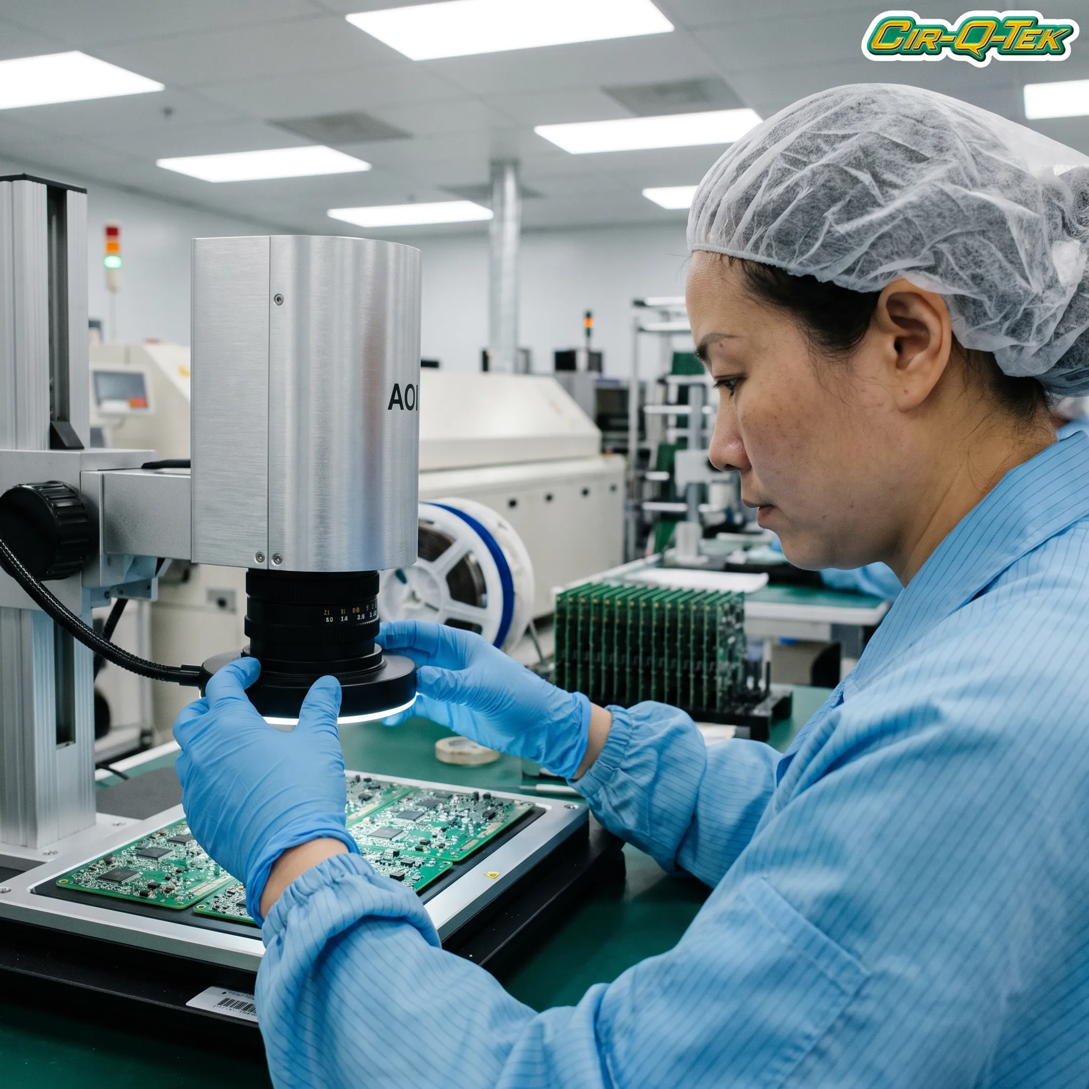 Technician inspecting a printed circuit board assembly