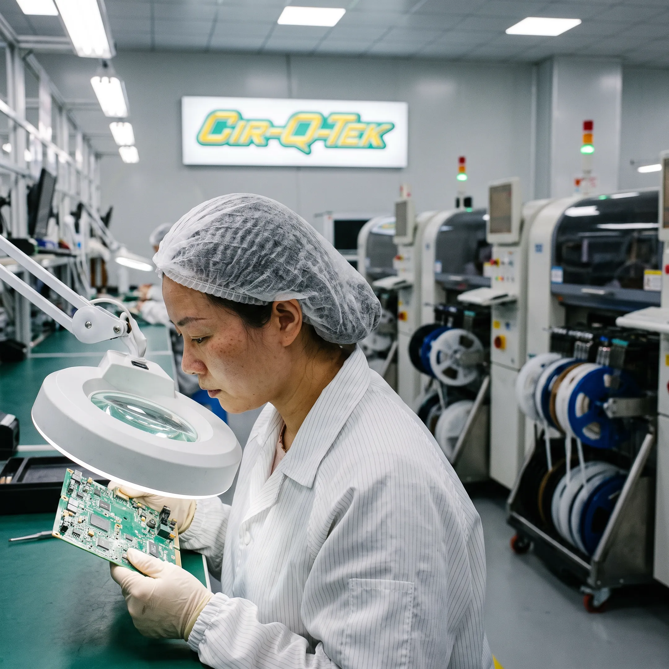 Technician inspecting a custom circuit board assembly