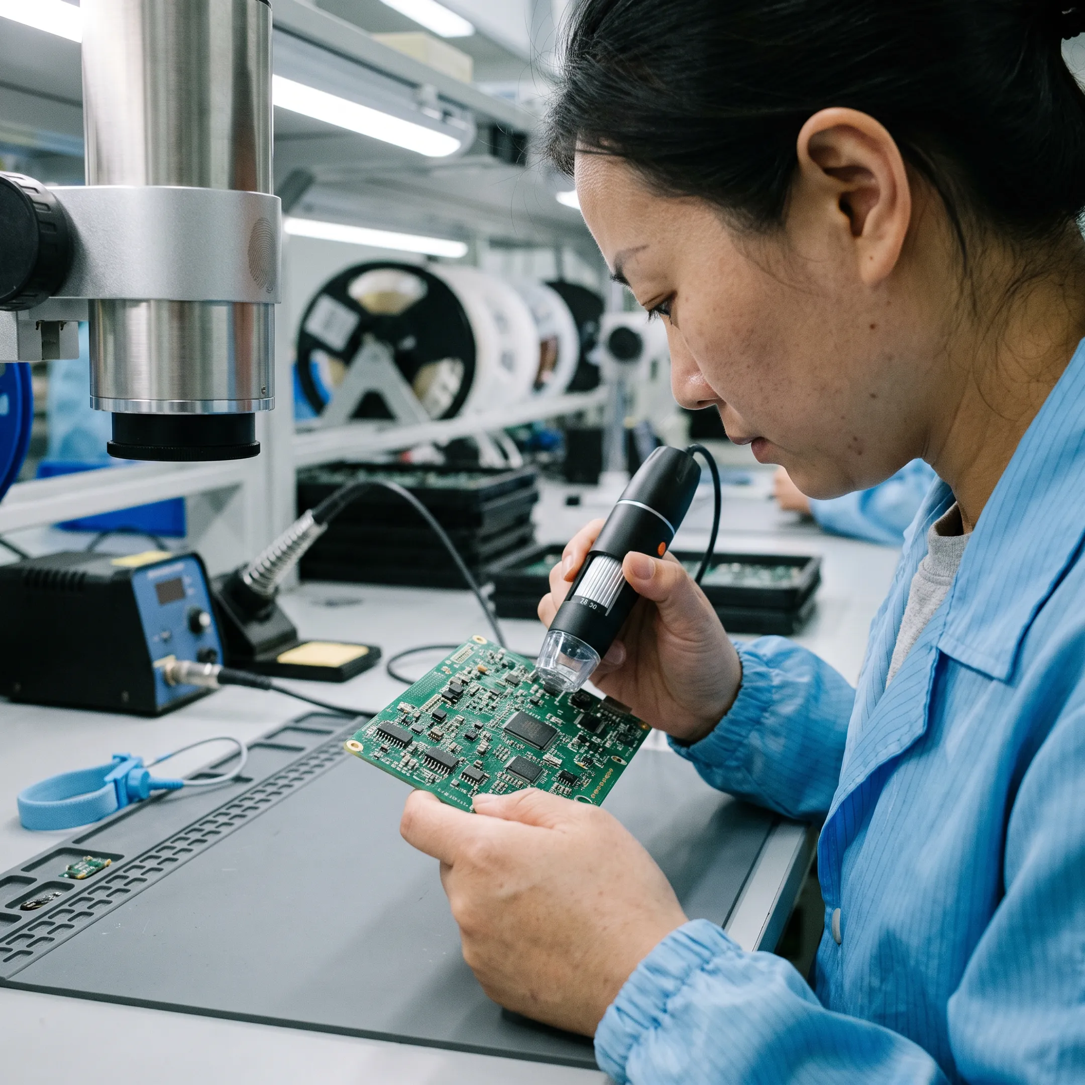 Engineer reviewing an assembled electronic prototype board