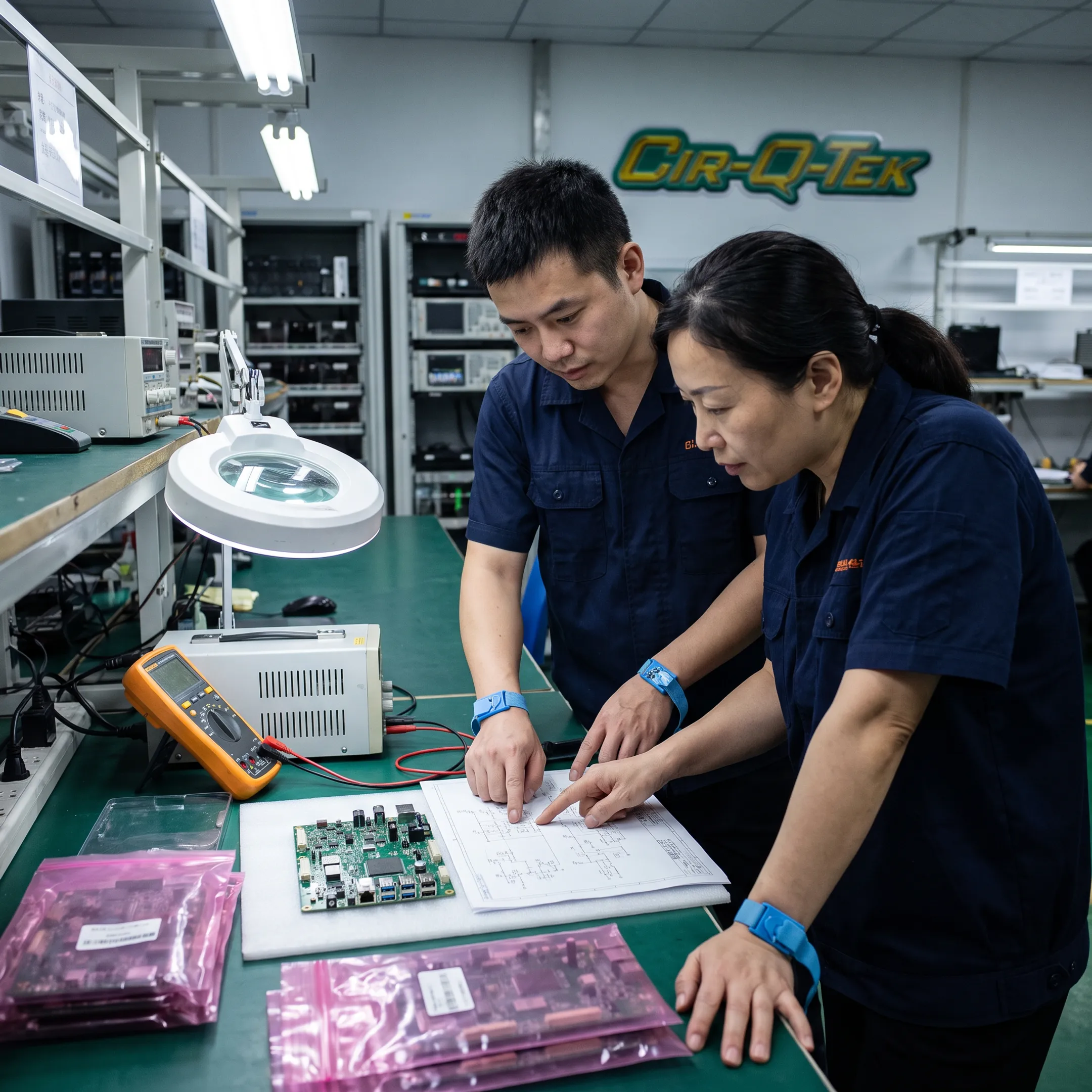 Engineers reviewing custom electronics manufacturing plans