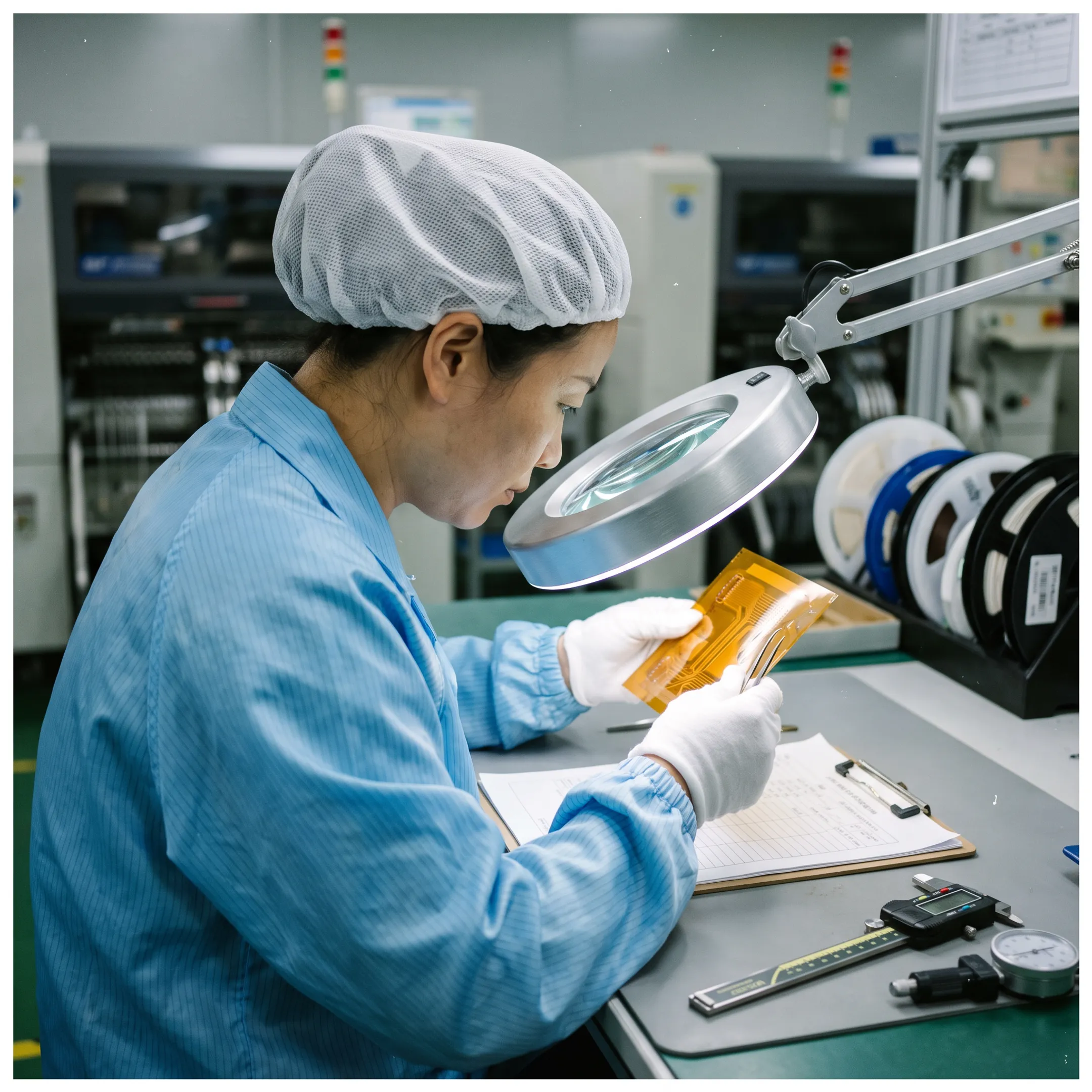 Technician inspecting a flexible circuit board