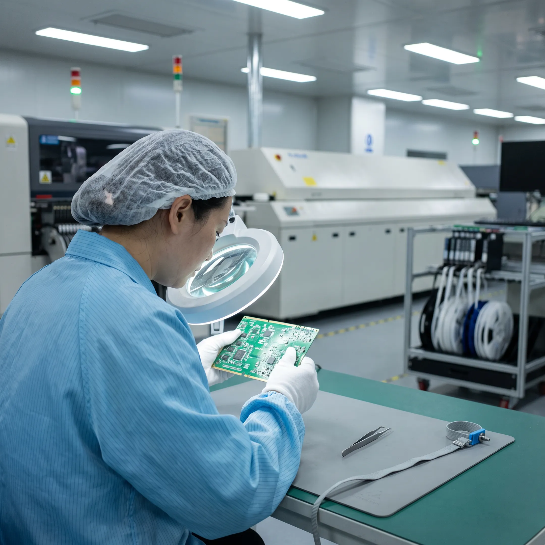 Technician inspecting a printed circuit board assembly