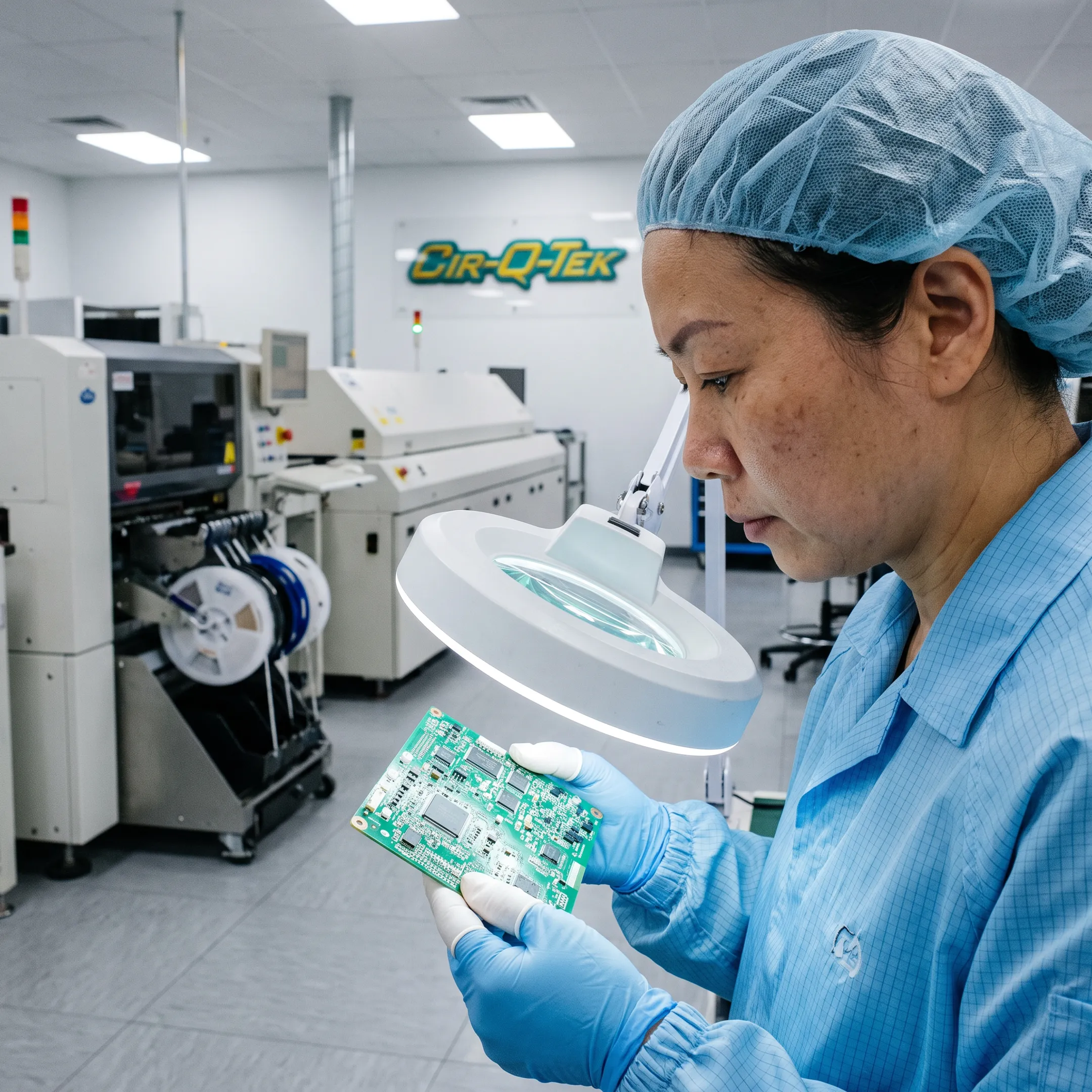 Technician inspecting a populated circuit board