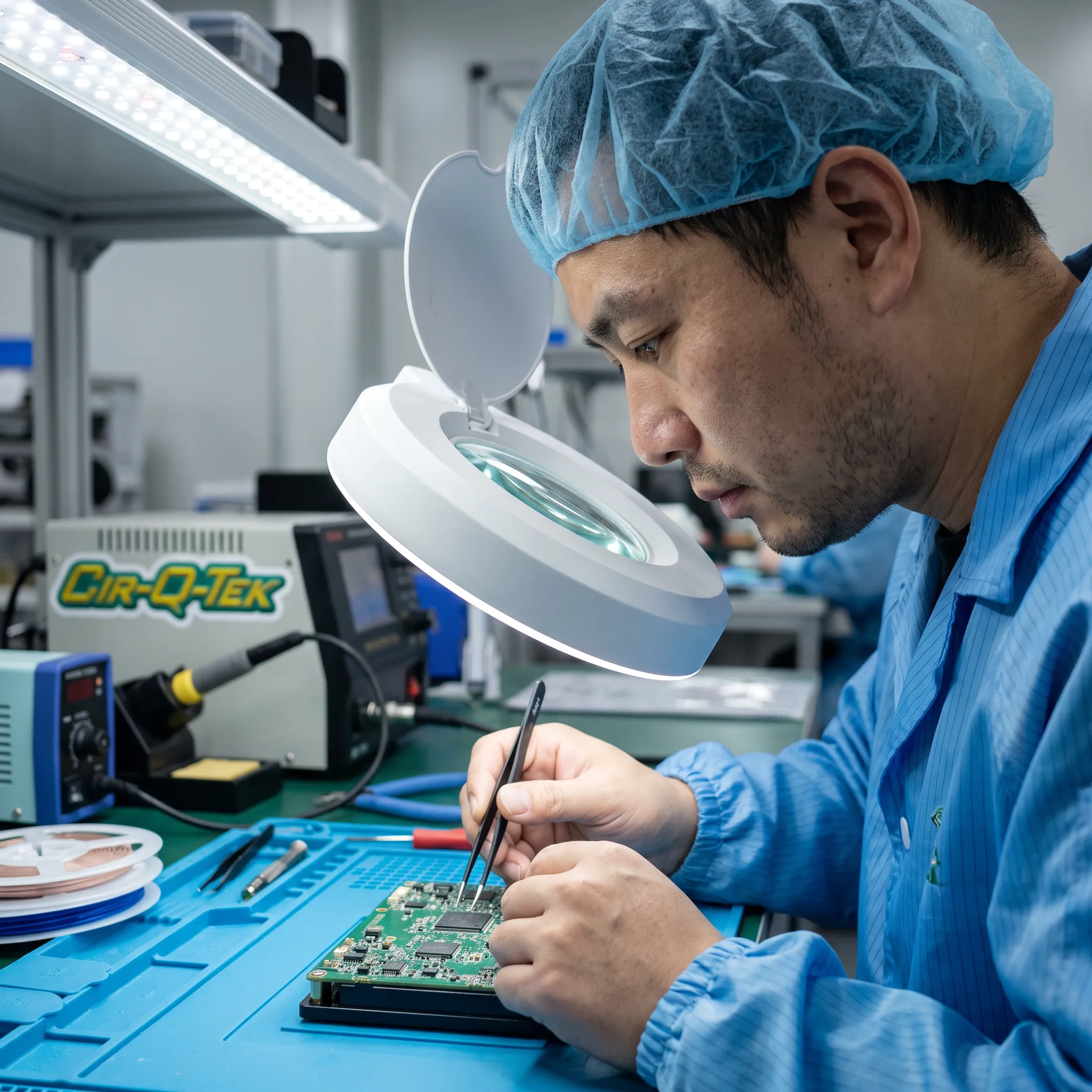 Technician inspecting a PCB prototype assembly