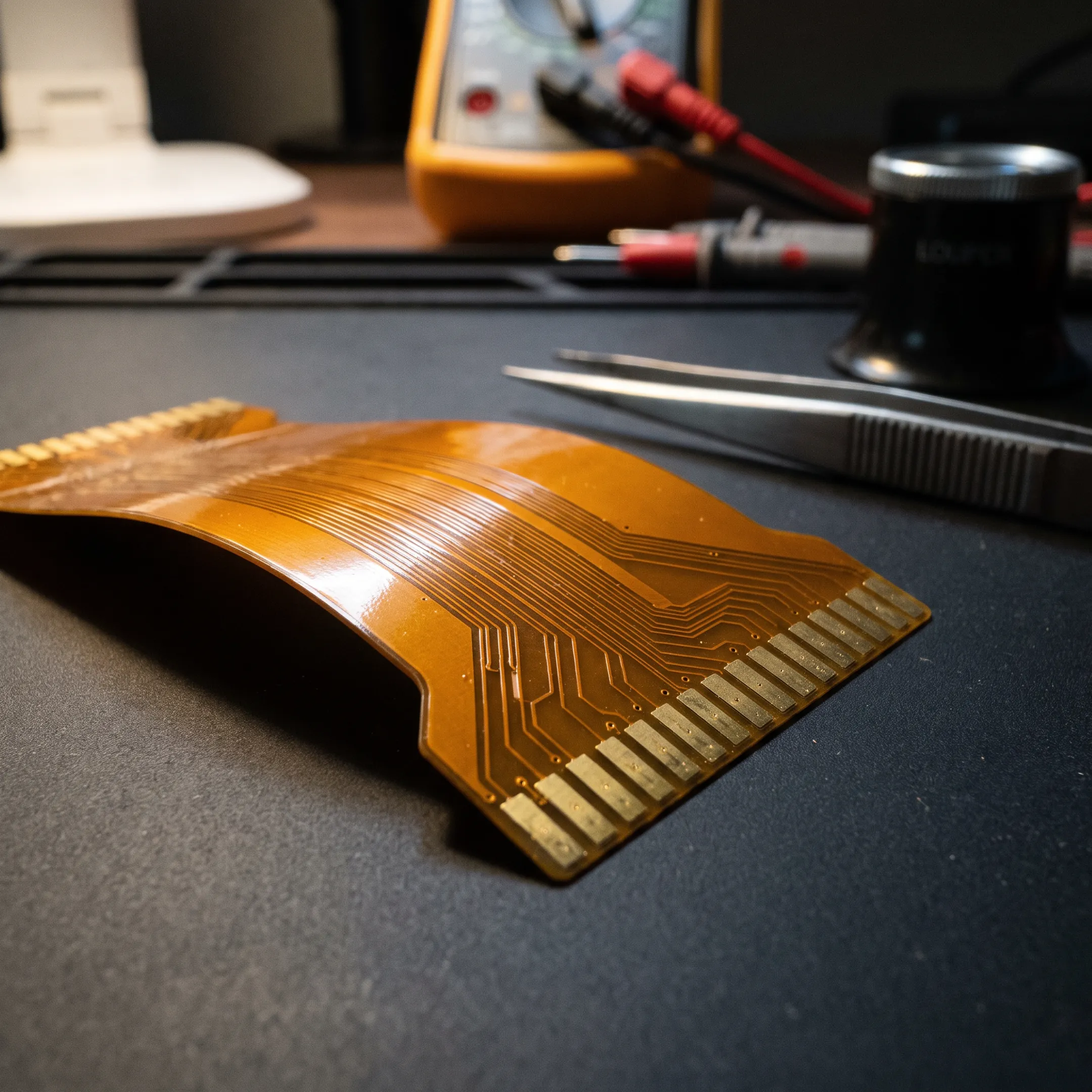 Flexible printed circuit board prototype on an electronics workbench