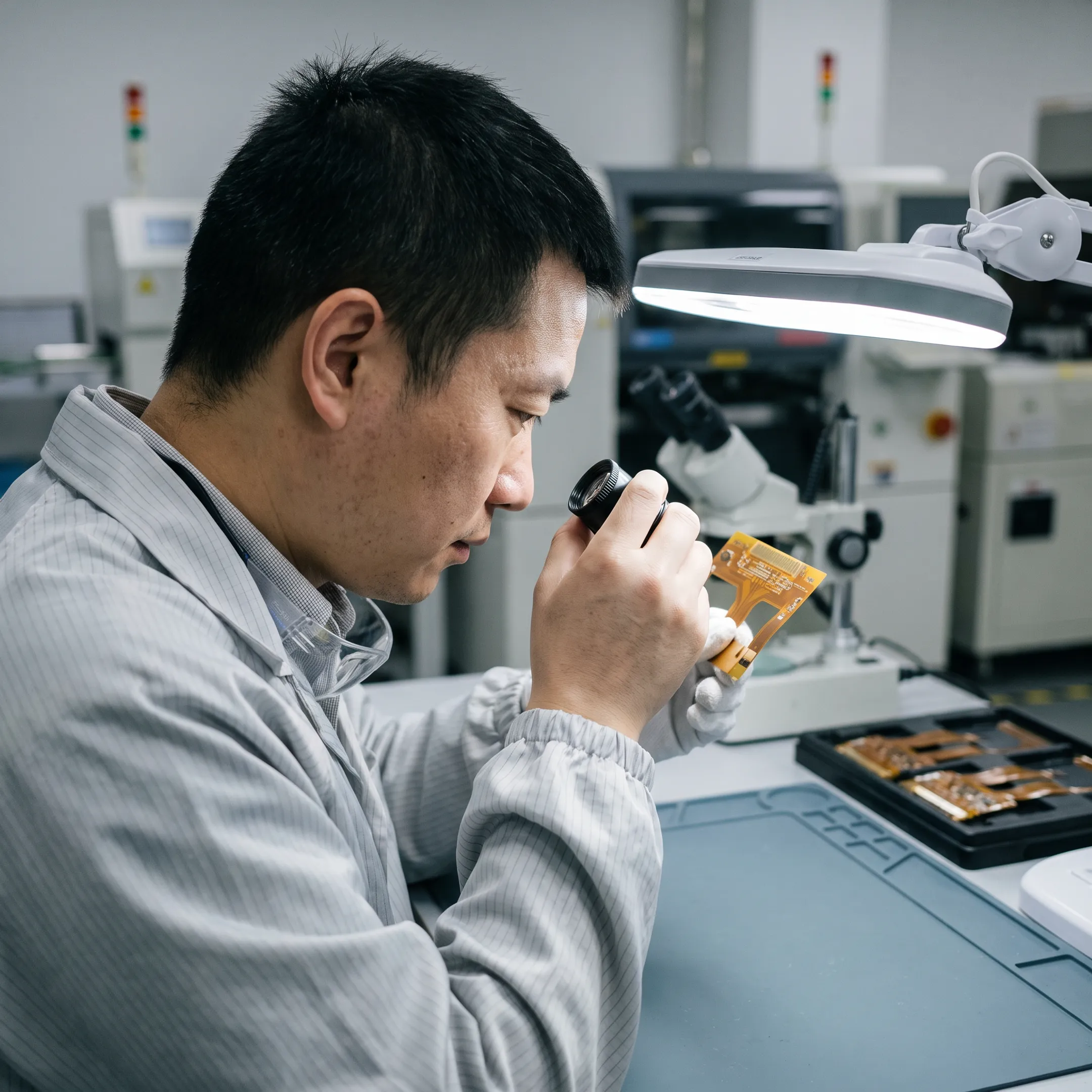 Engineer reviewing a flexible circuit board