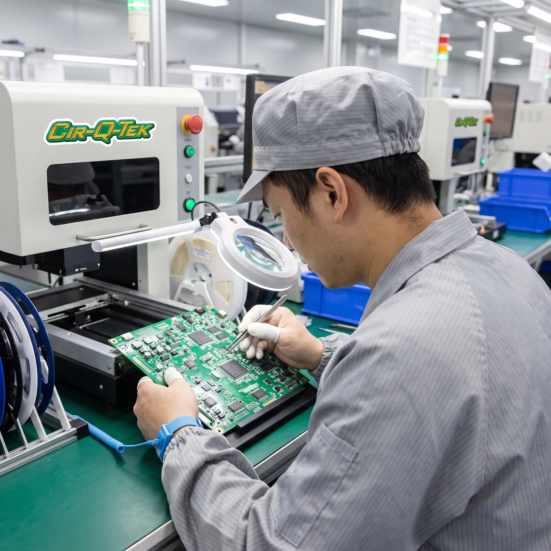 Technician inspecting a populated circuit board