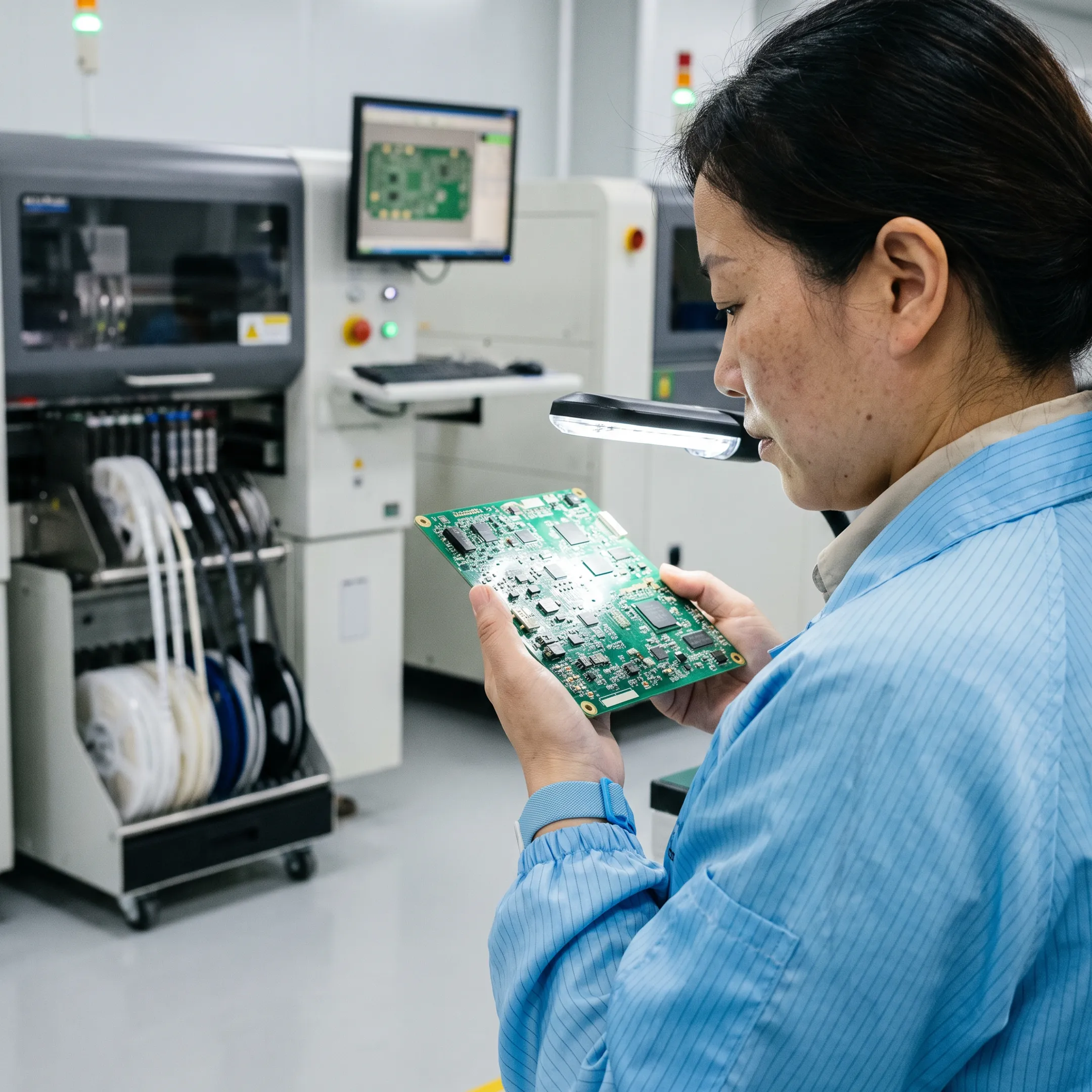 Technician inspecting a populated circuit board