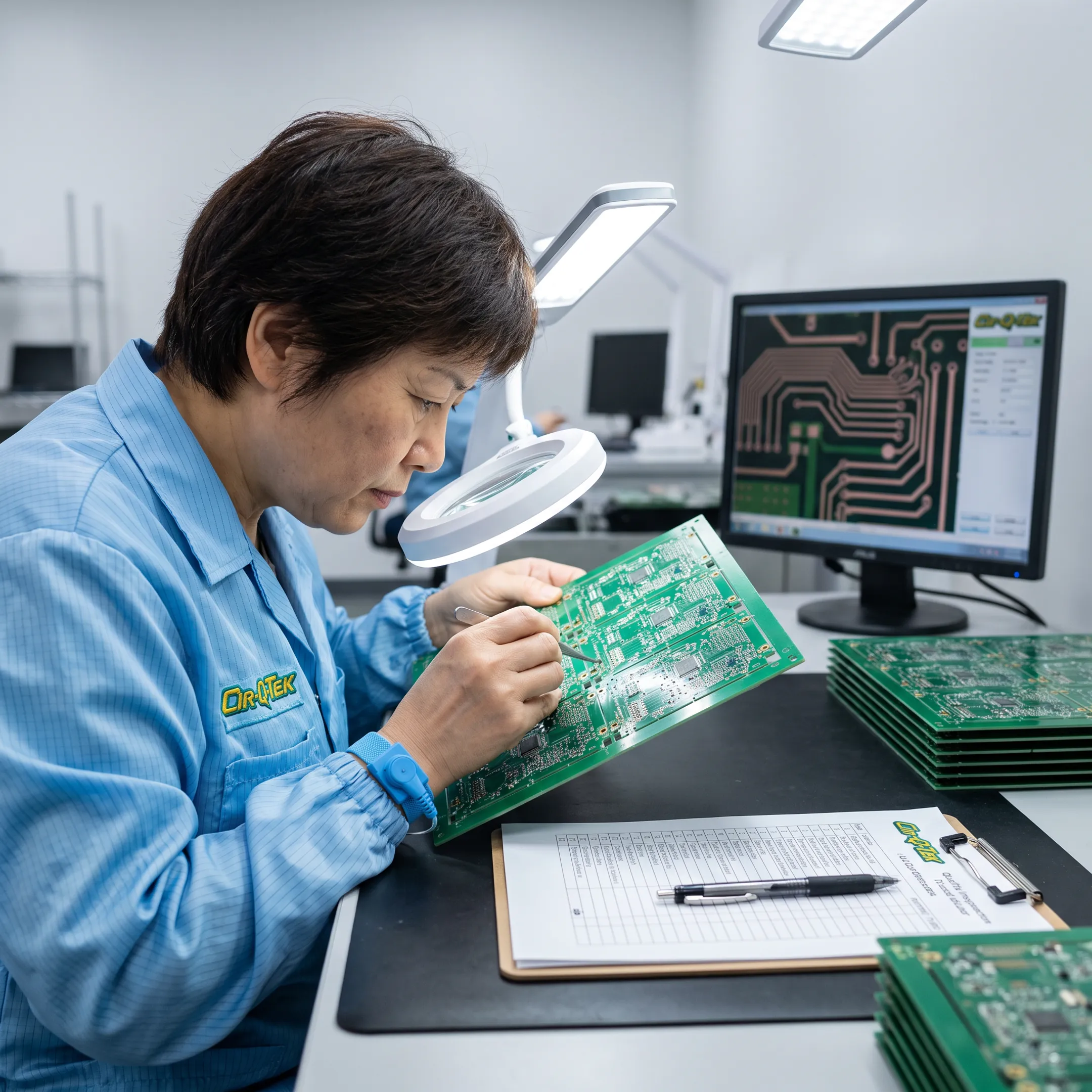 Engineer inspecting a multilayer PCB