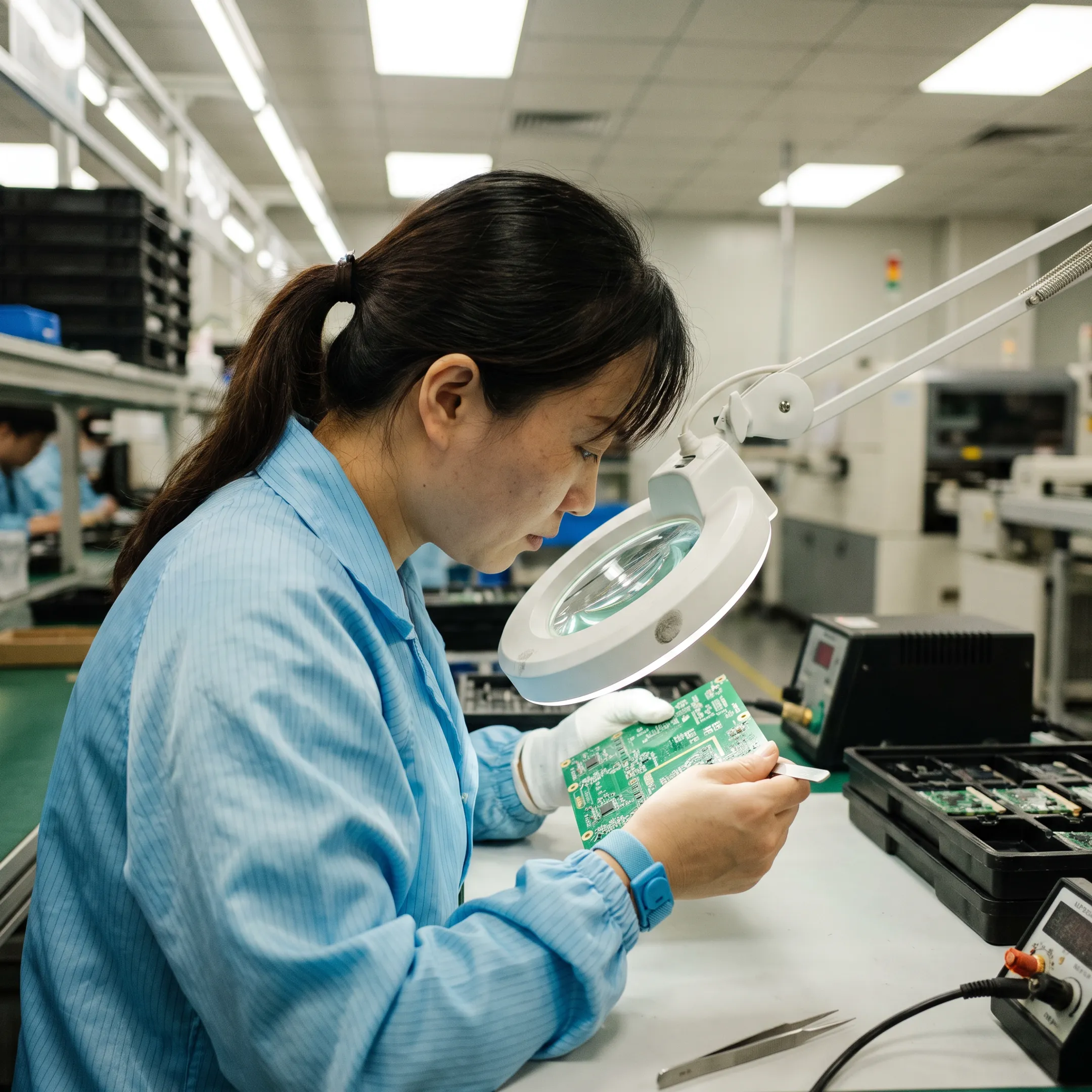 Technician inspecting a precision PCB