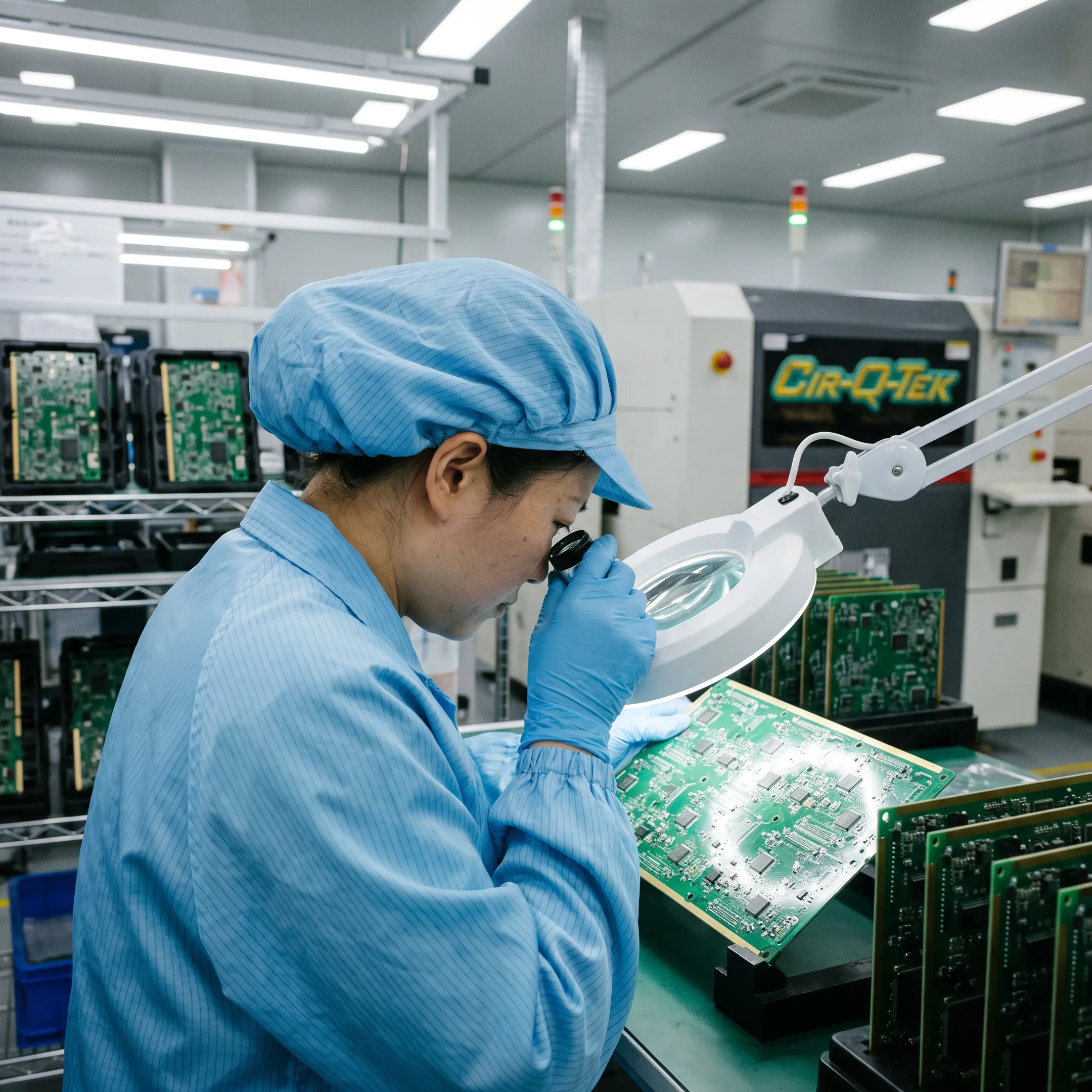 Technician inspecting a printed circuit board