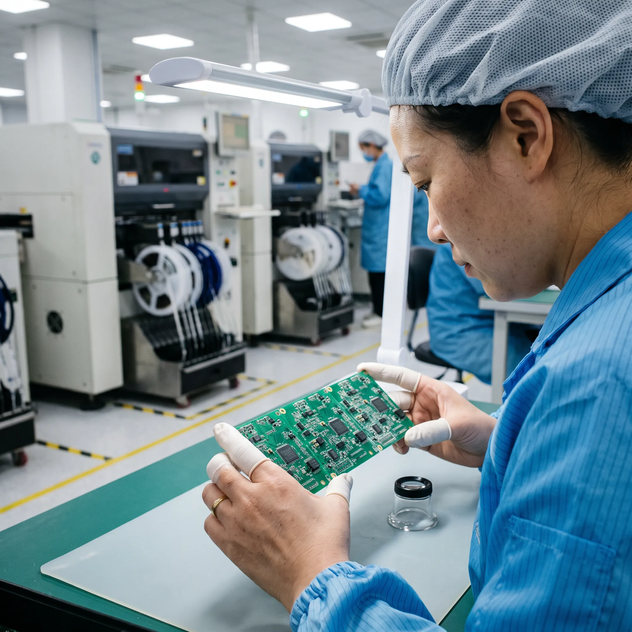 Technician inspecting a populated circuit board