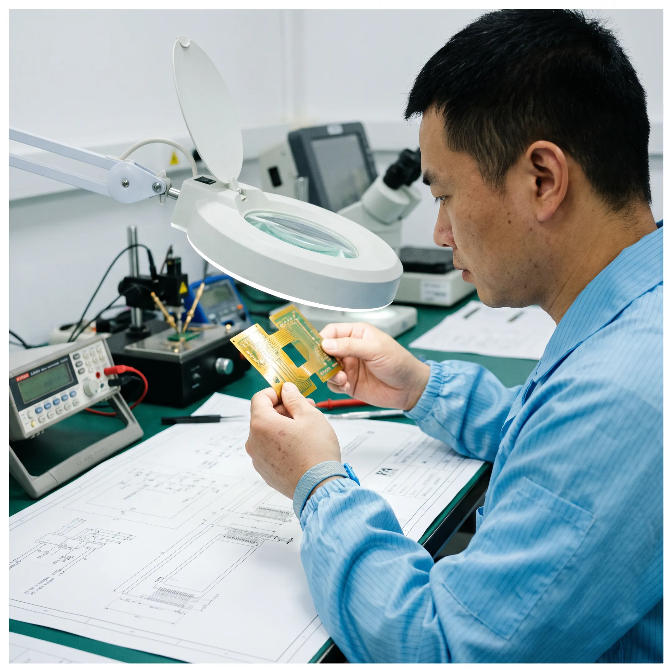 Engineer reviewing a flexible PCB