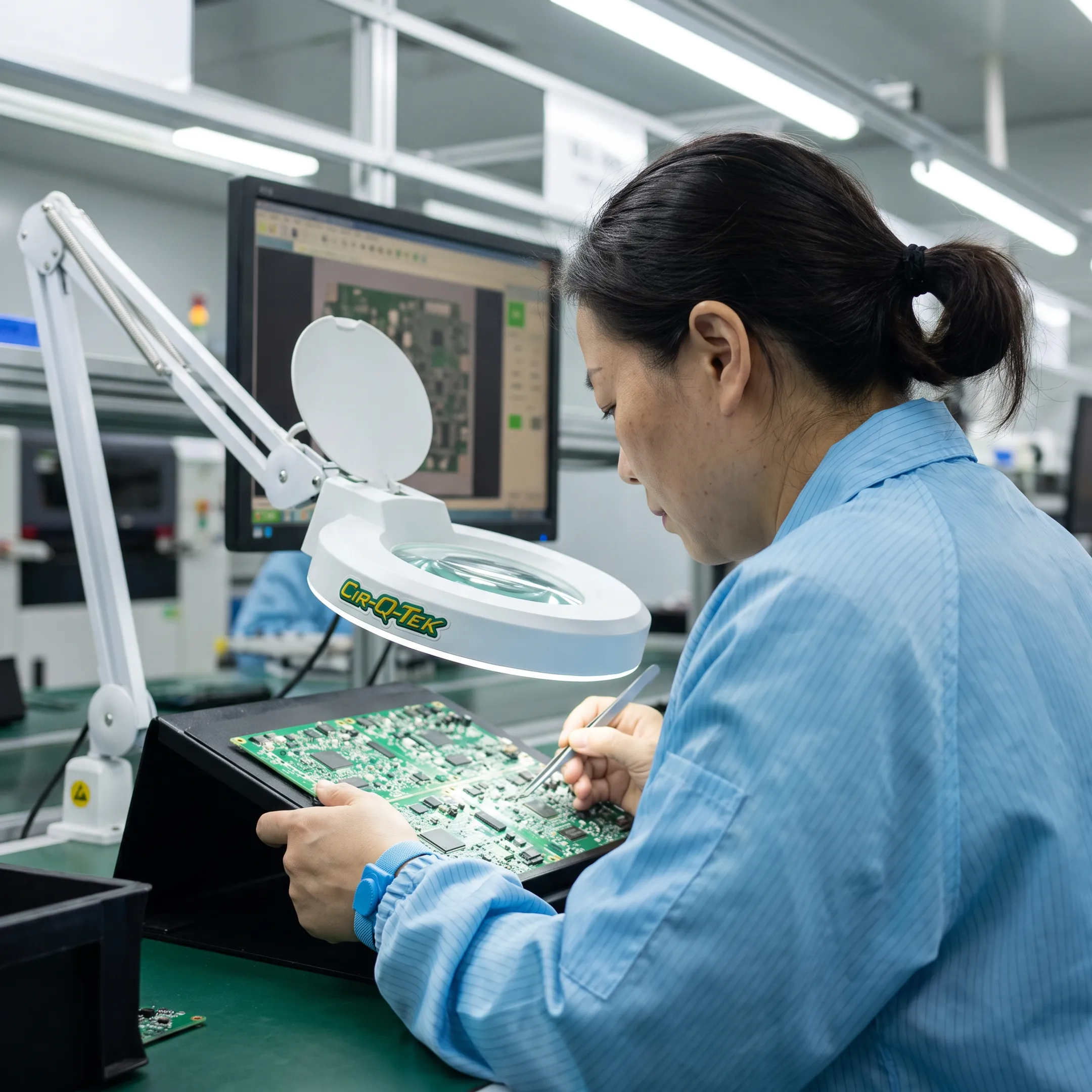 Technician inspecting a printed circuit board
