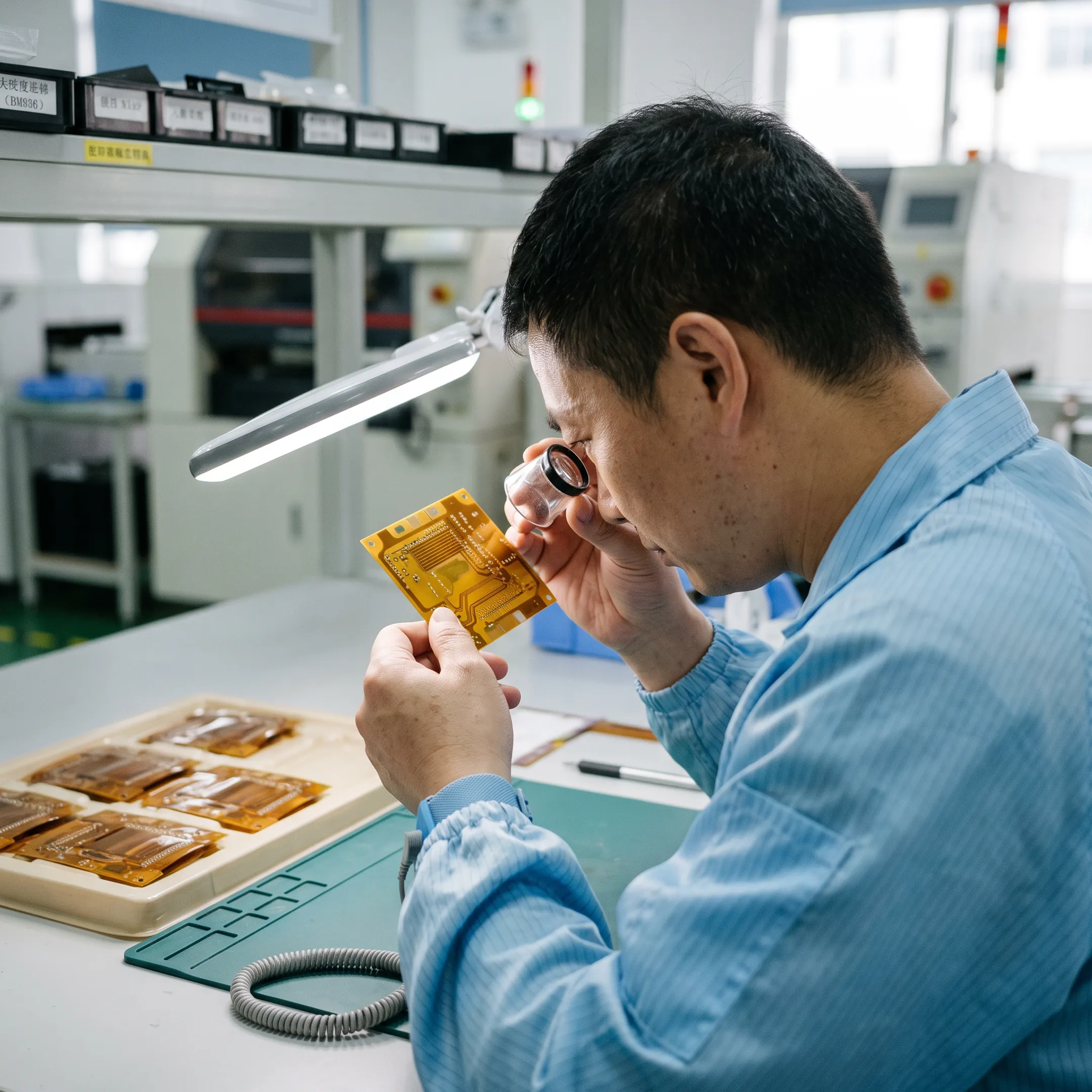 Engineer inspecting semi flexible PCB