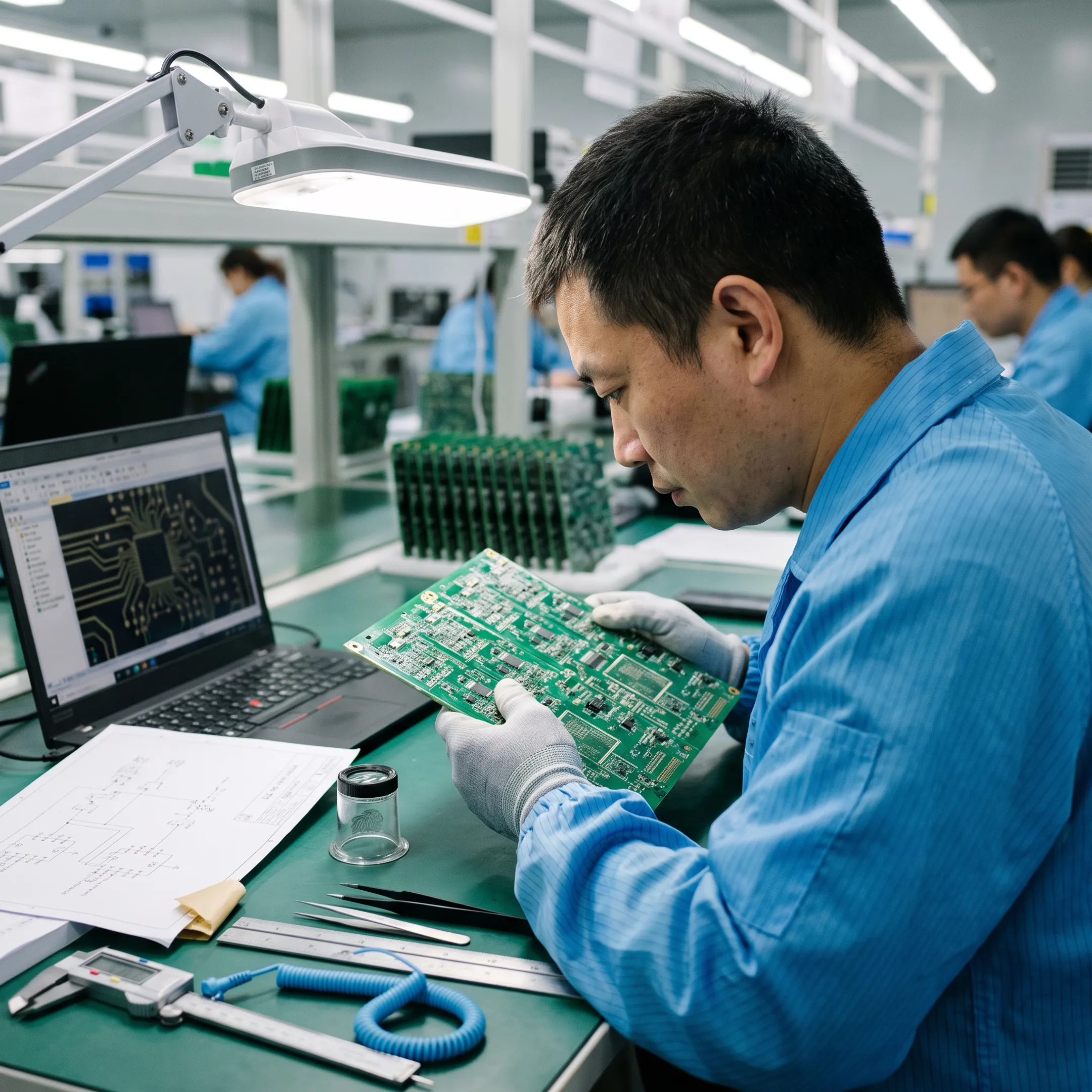 Engineer reviewing a printed circuit board prototype