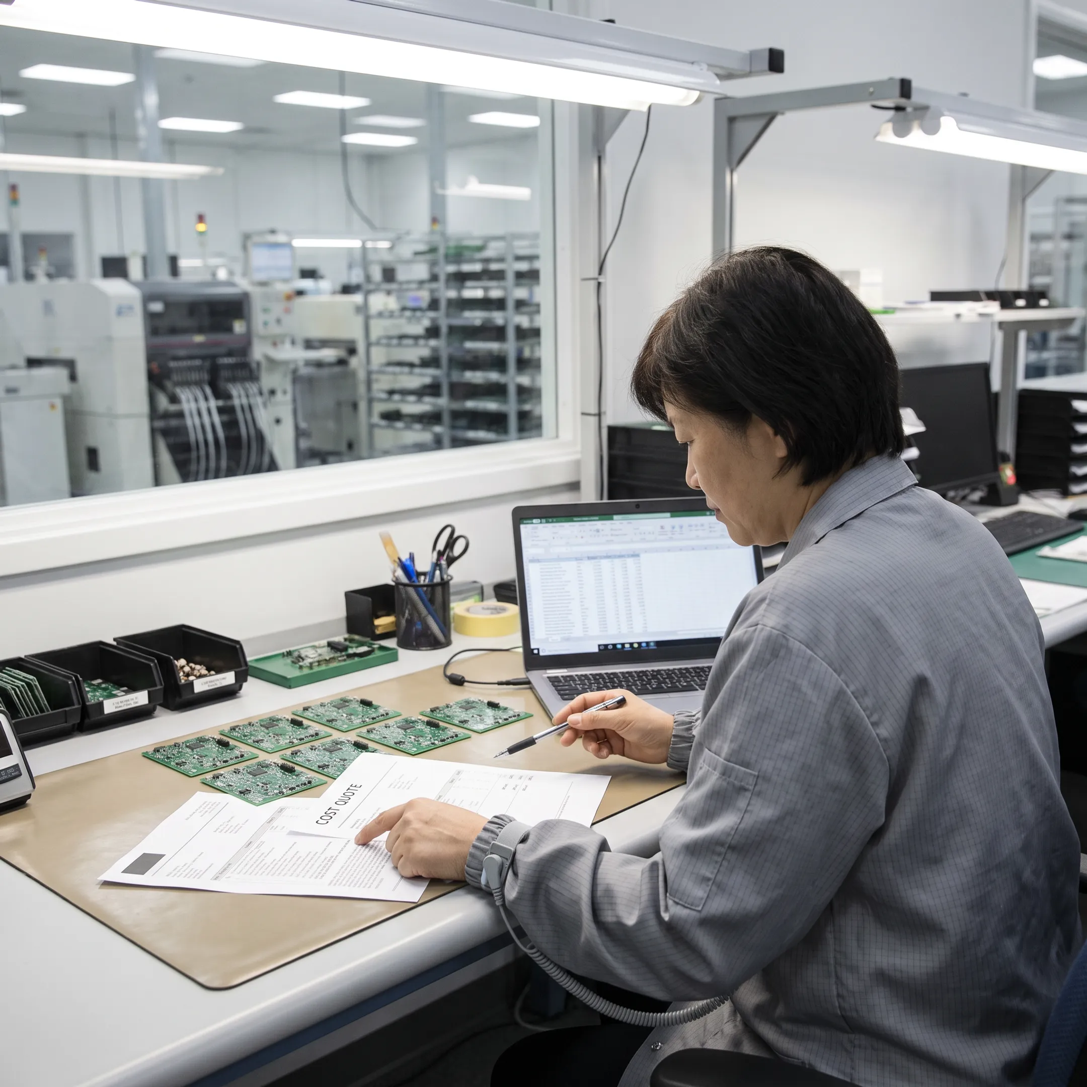 Engineer reviewing PCB assembly quote on a laptop