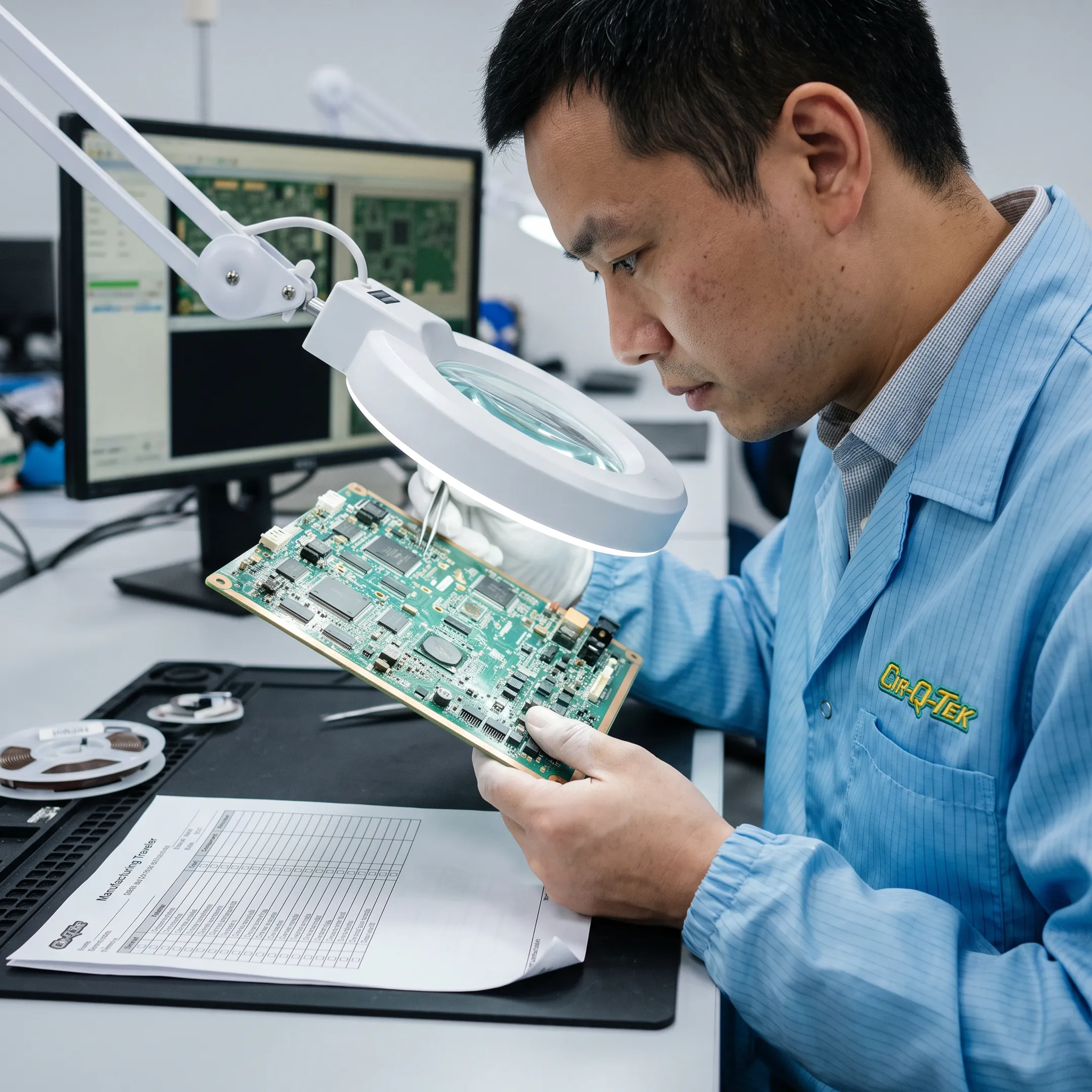 Engineer inspecting a printed circuit board