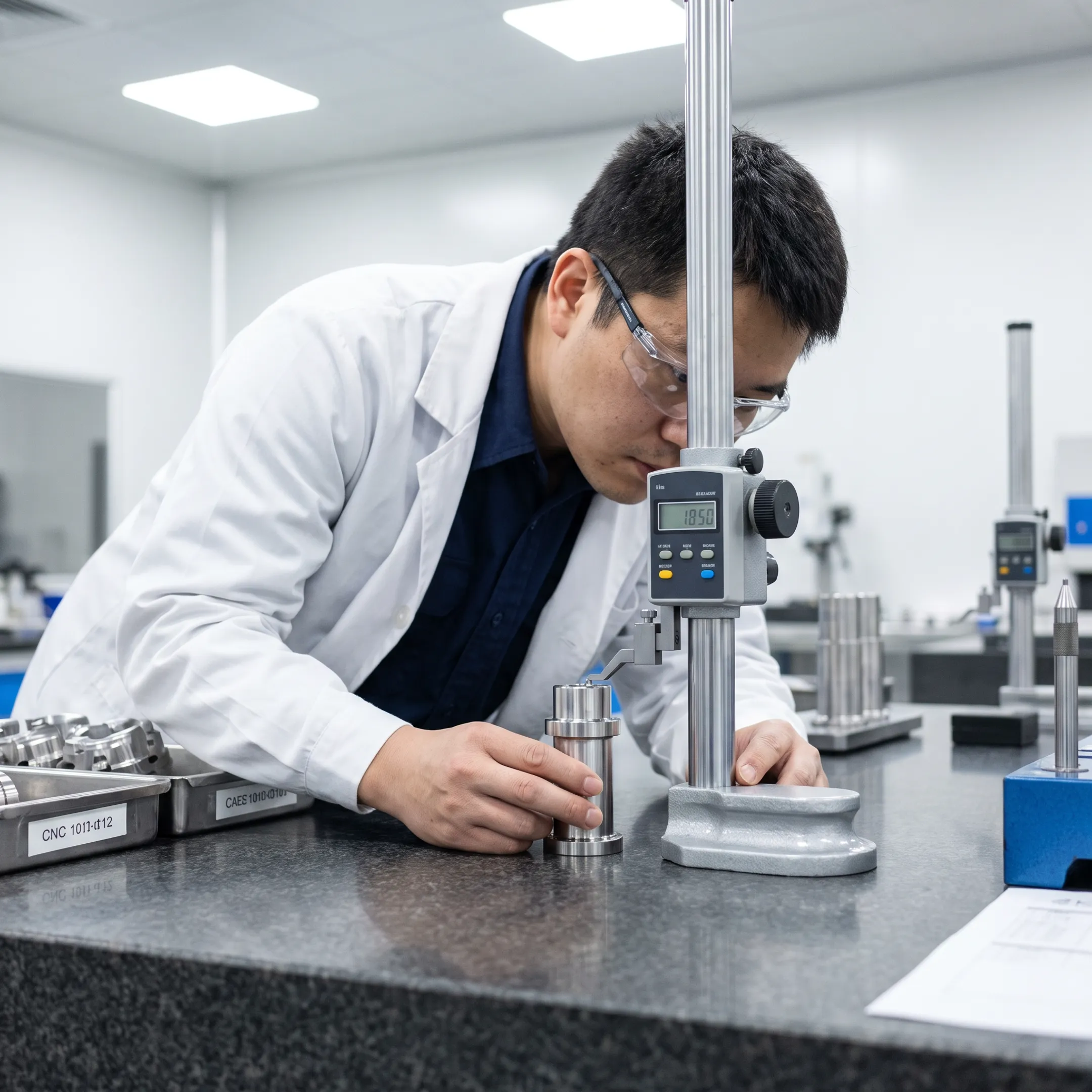 Engineer inspecting a machined metal prototype