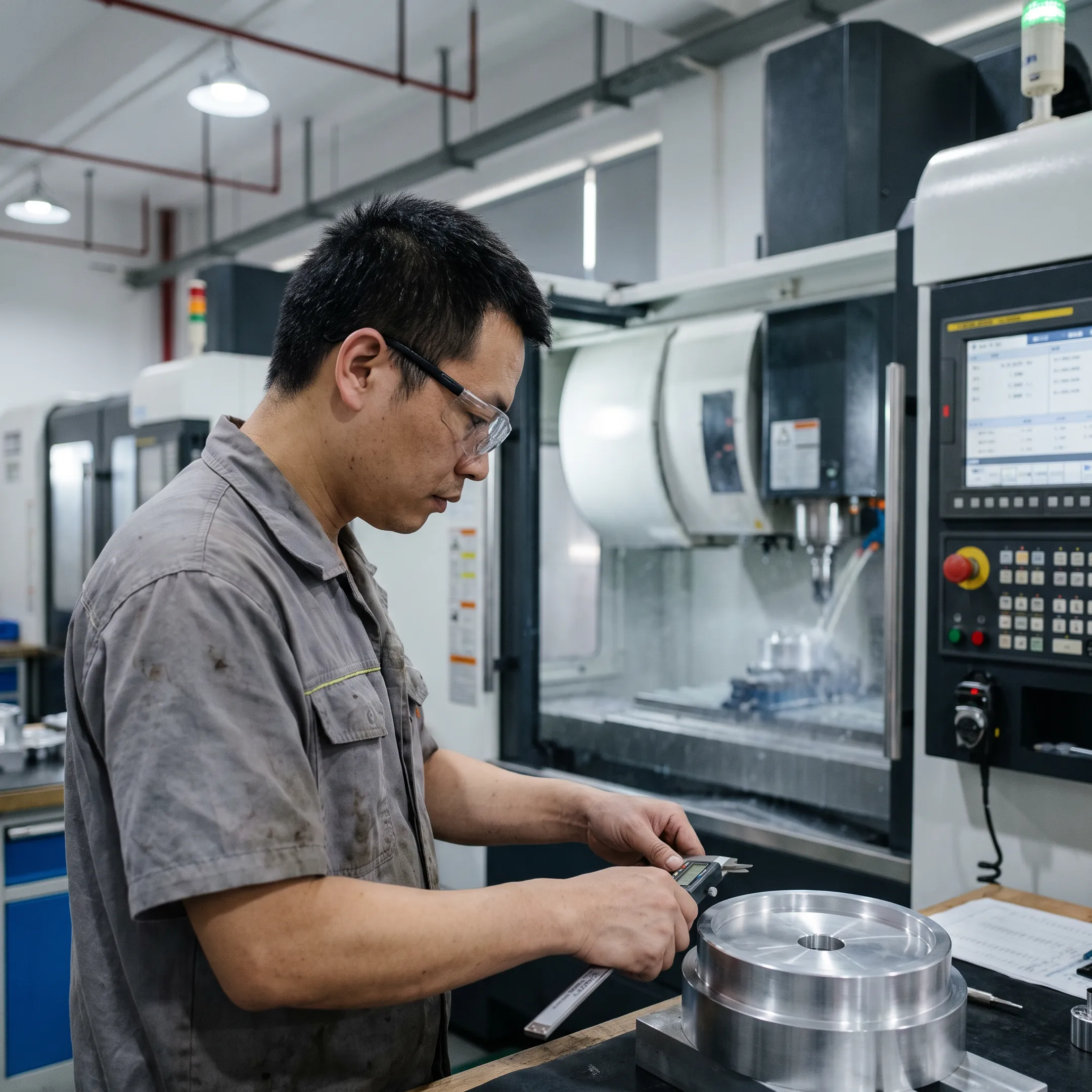 CNC machinist inspecting a precision metal component