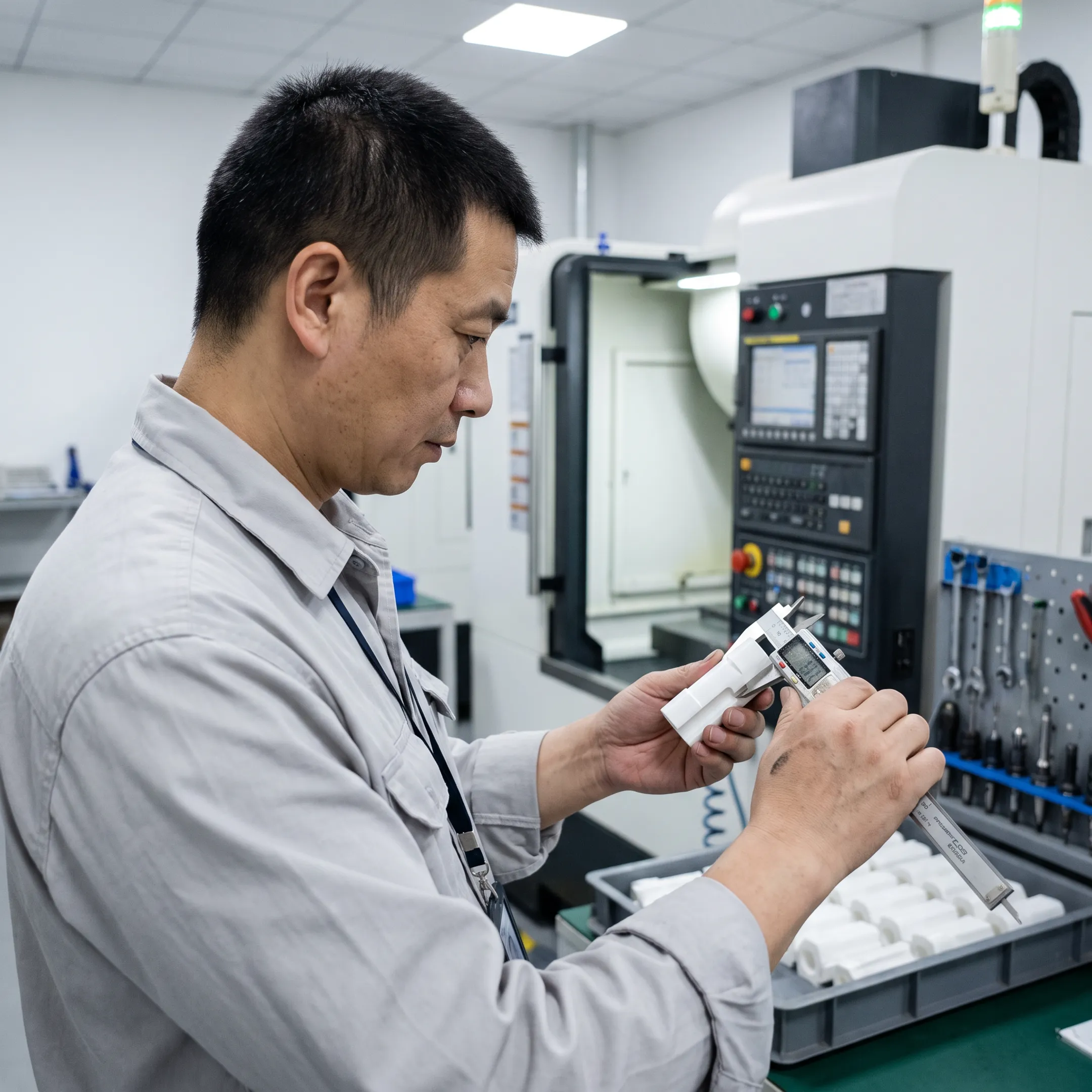 Technician measuring a machined PVC part
