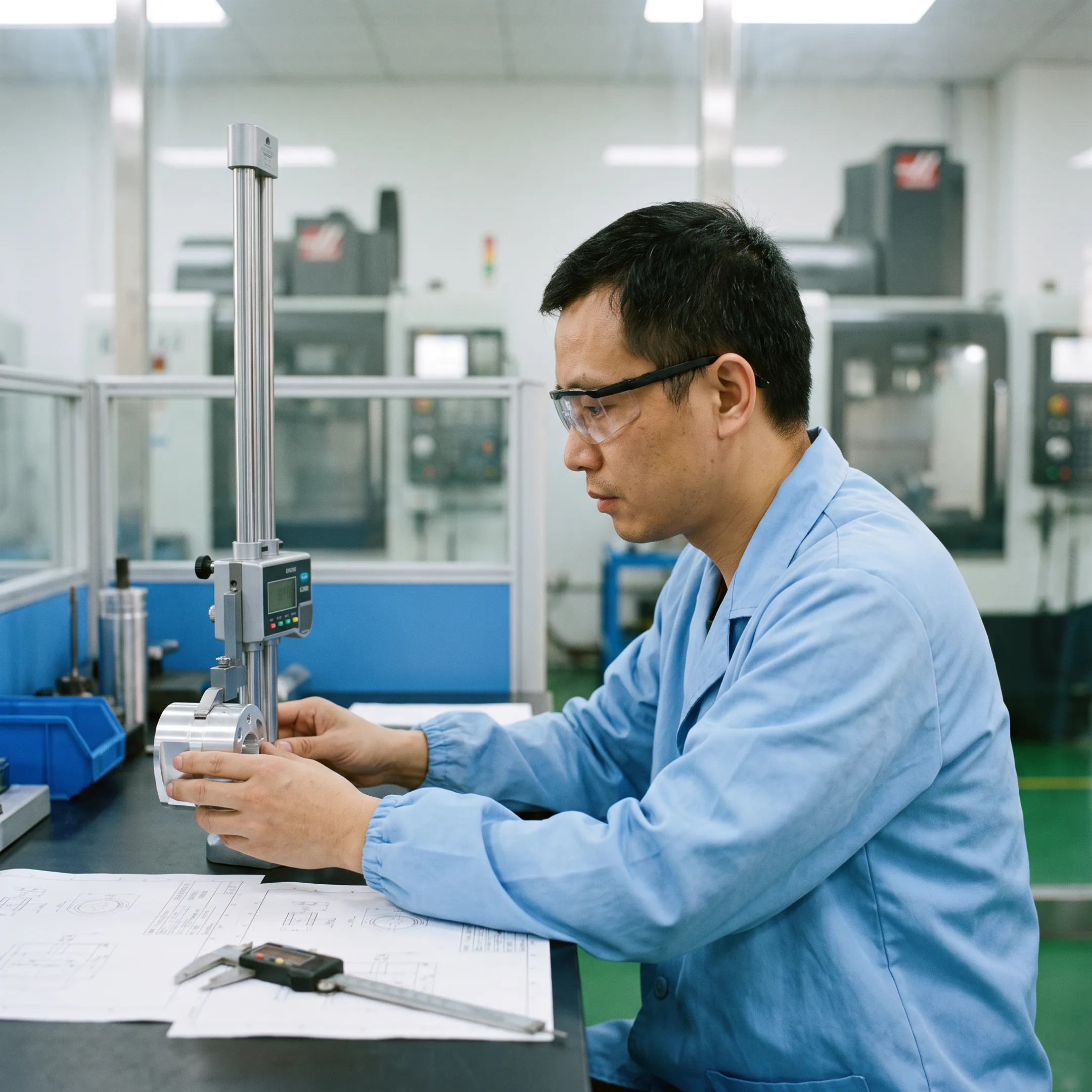 Engineer reviewing CNC-machined part measurements