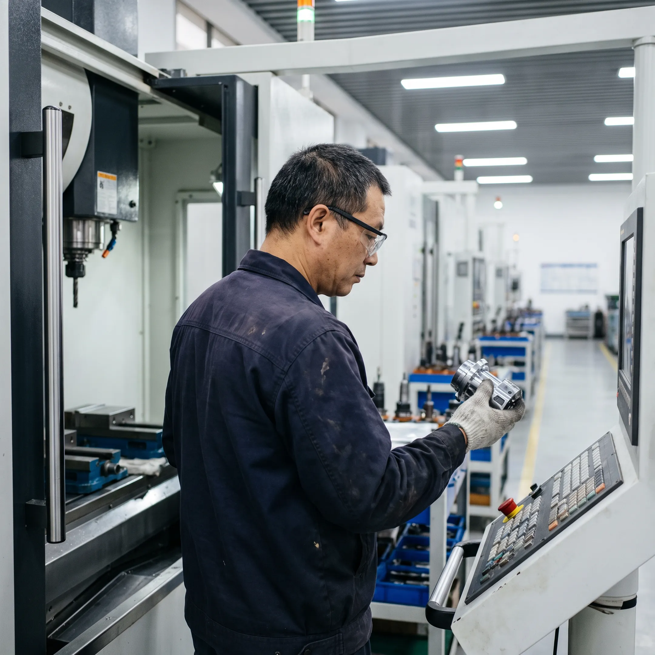 Technician operating a precision CNC machine