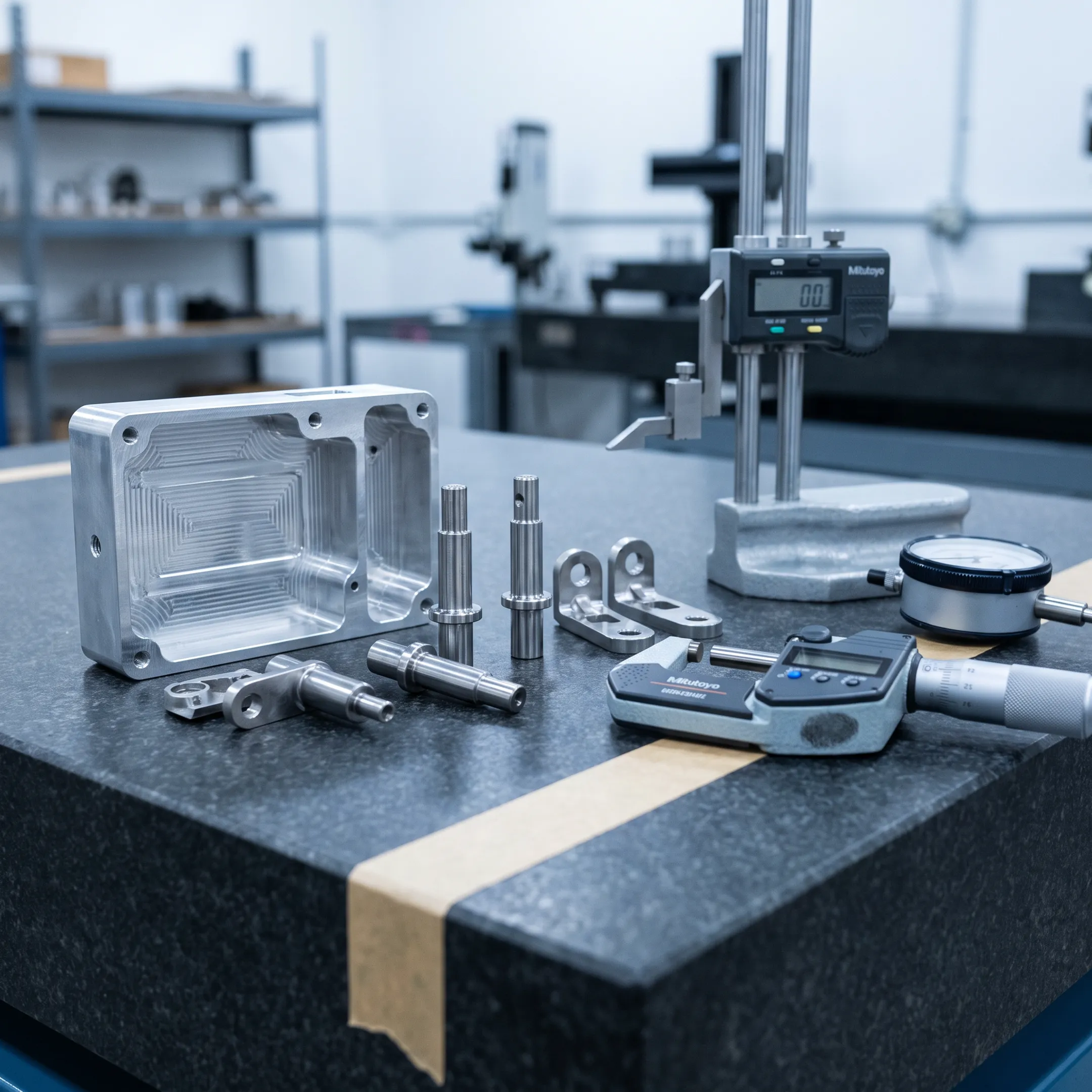 Precision-machined metal components on inspection table