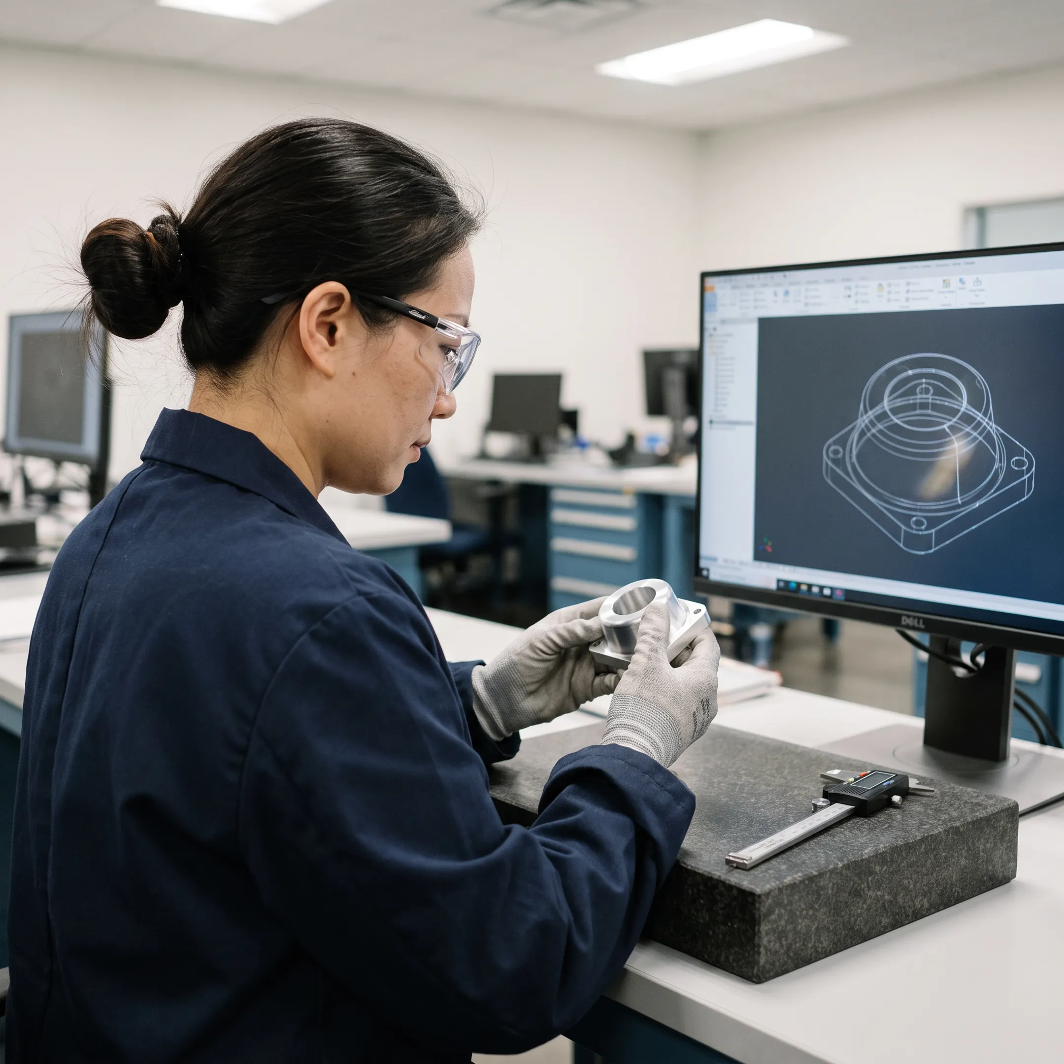 Engineer reviewing a CNC-machined component with digital design data