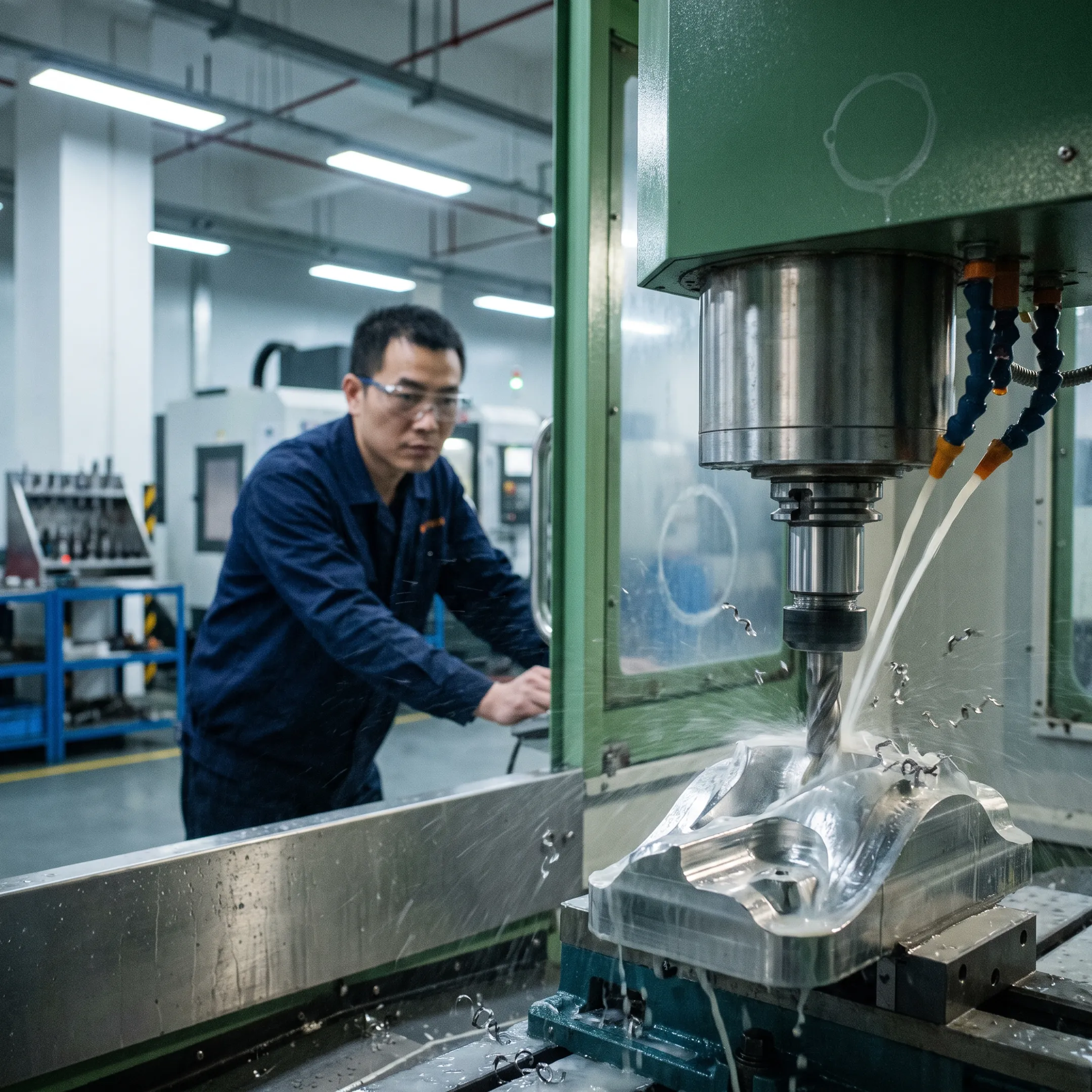 Multi-axis CNC machine machining a precision metal component