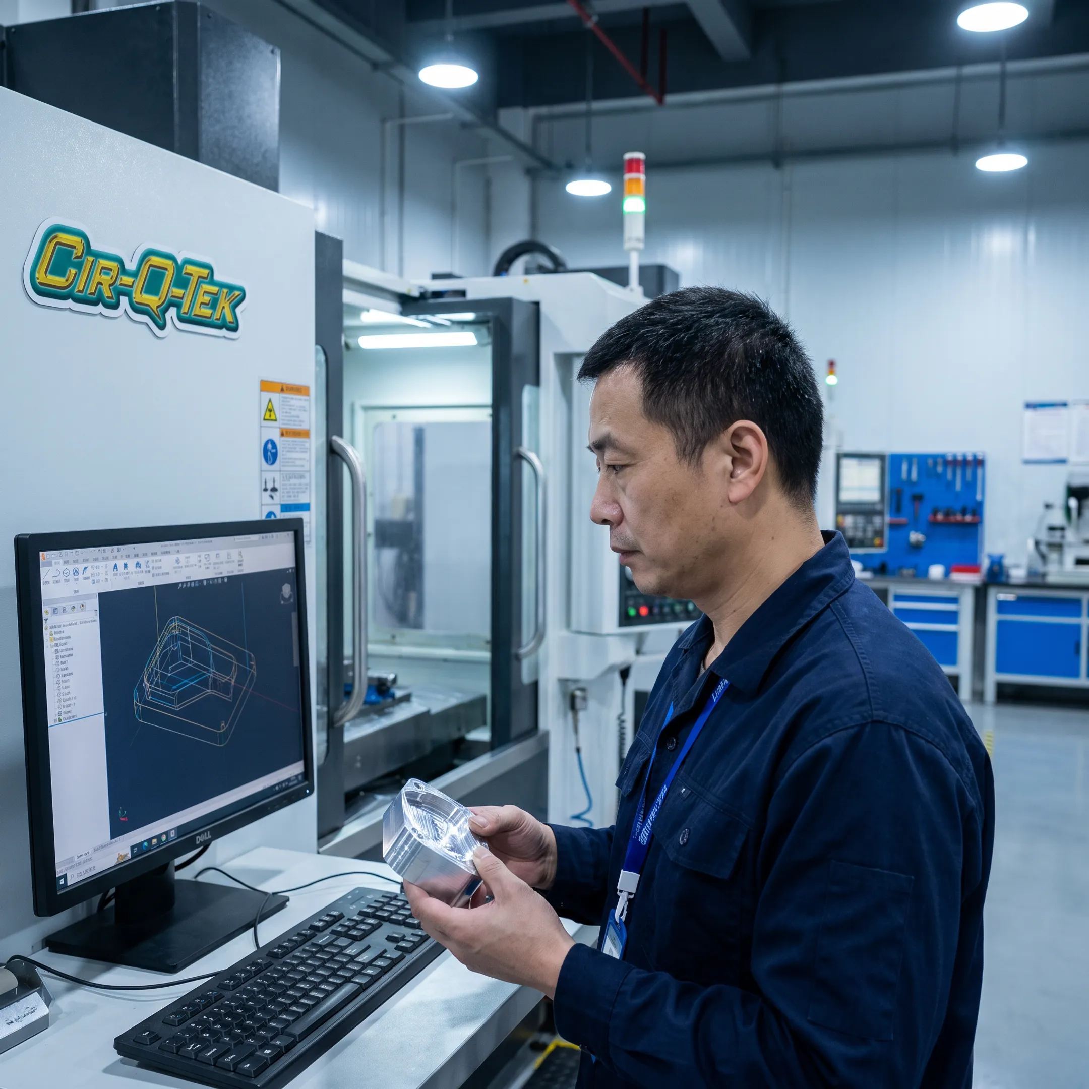 Engineer reviewing a machined part at a CNC workstation