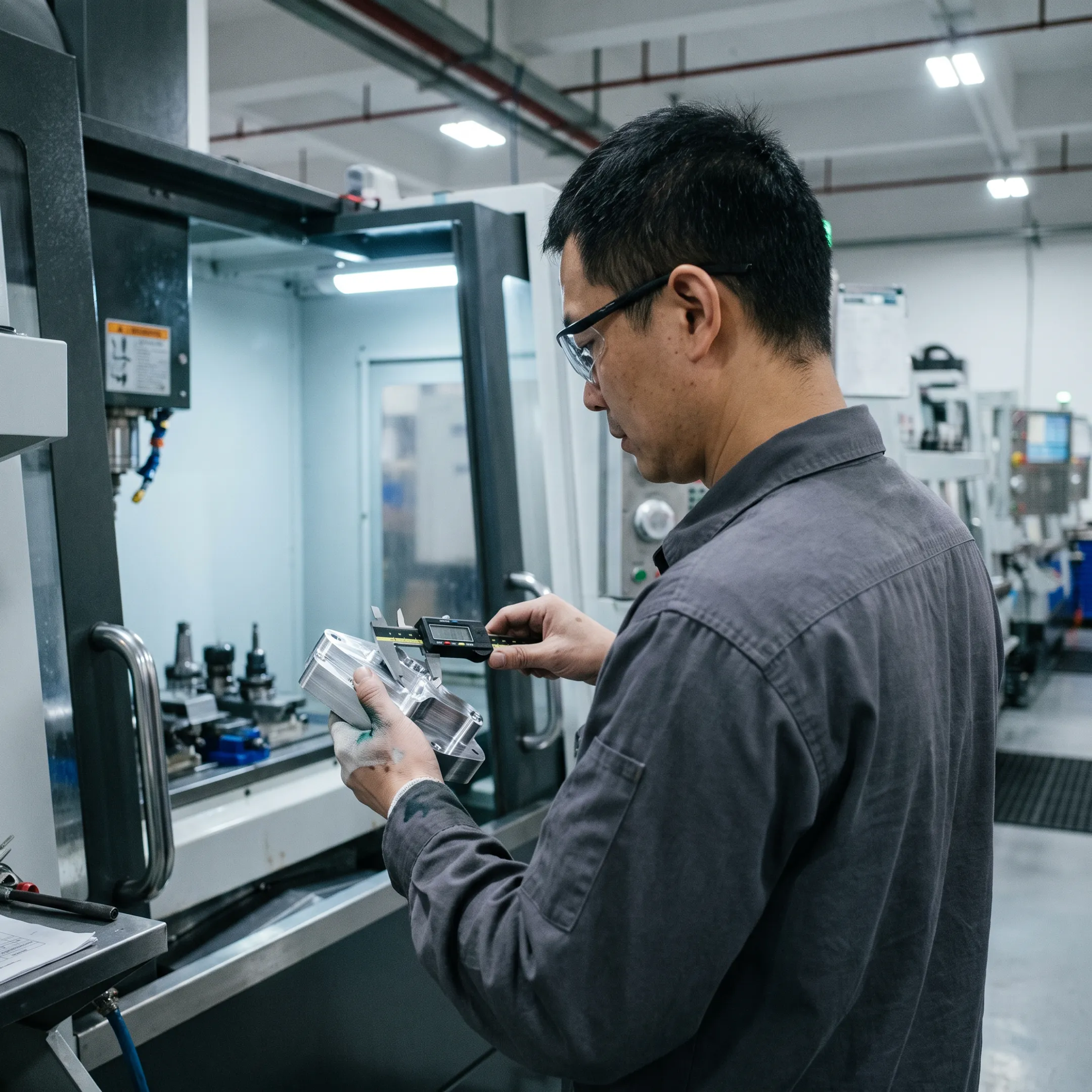 CNC machinist inspecting a precision metal component
