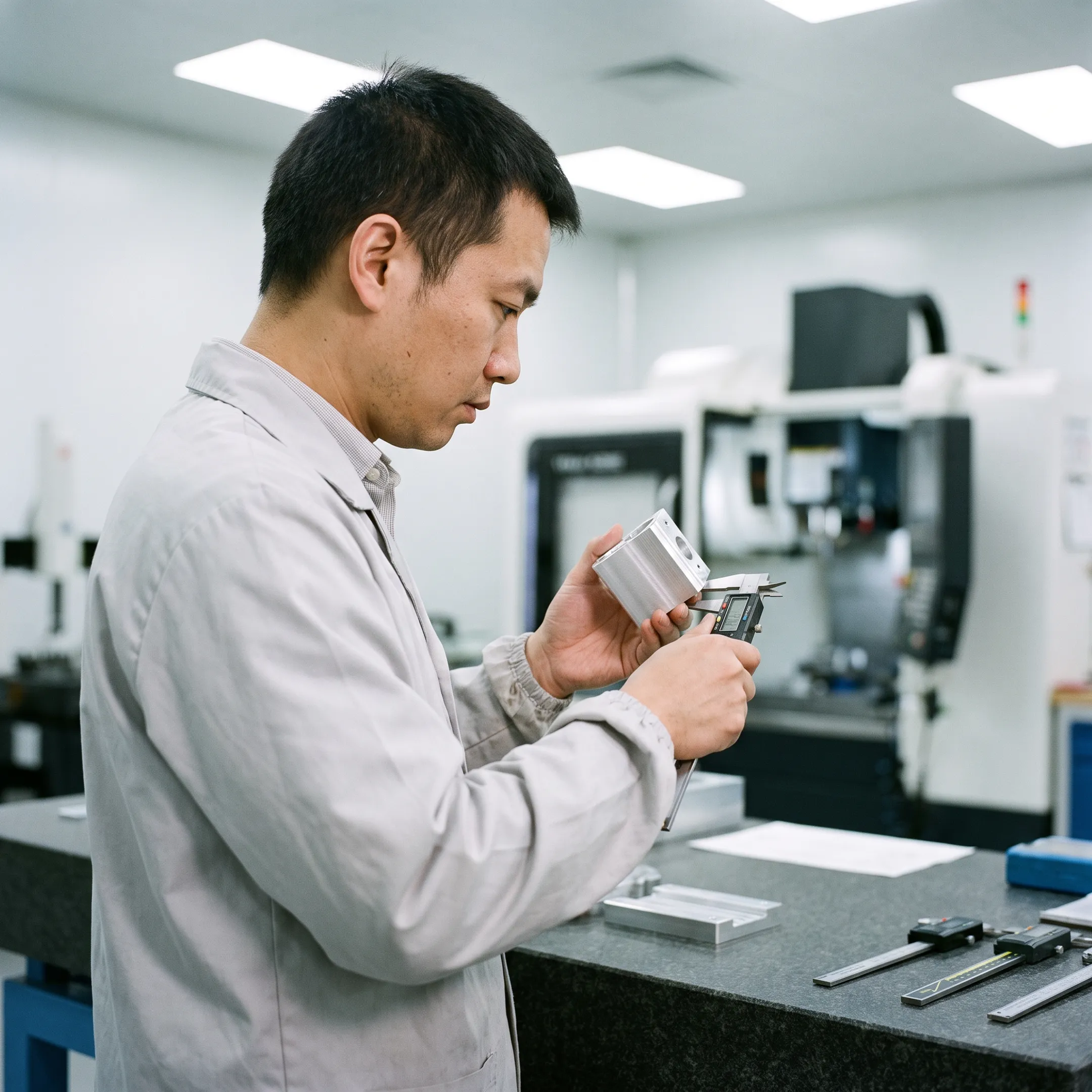 Custom metal component being inspected