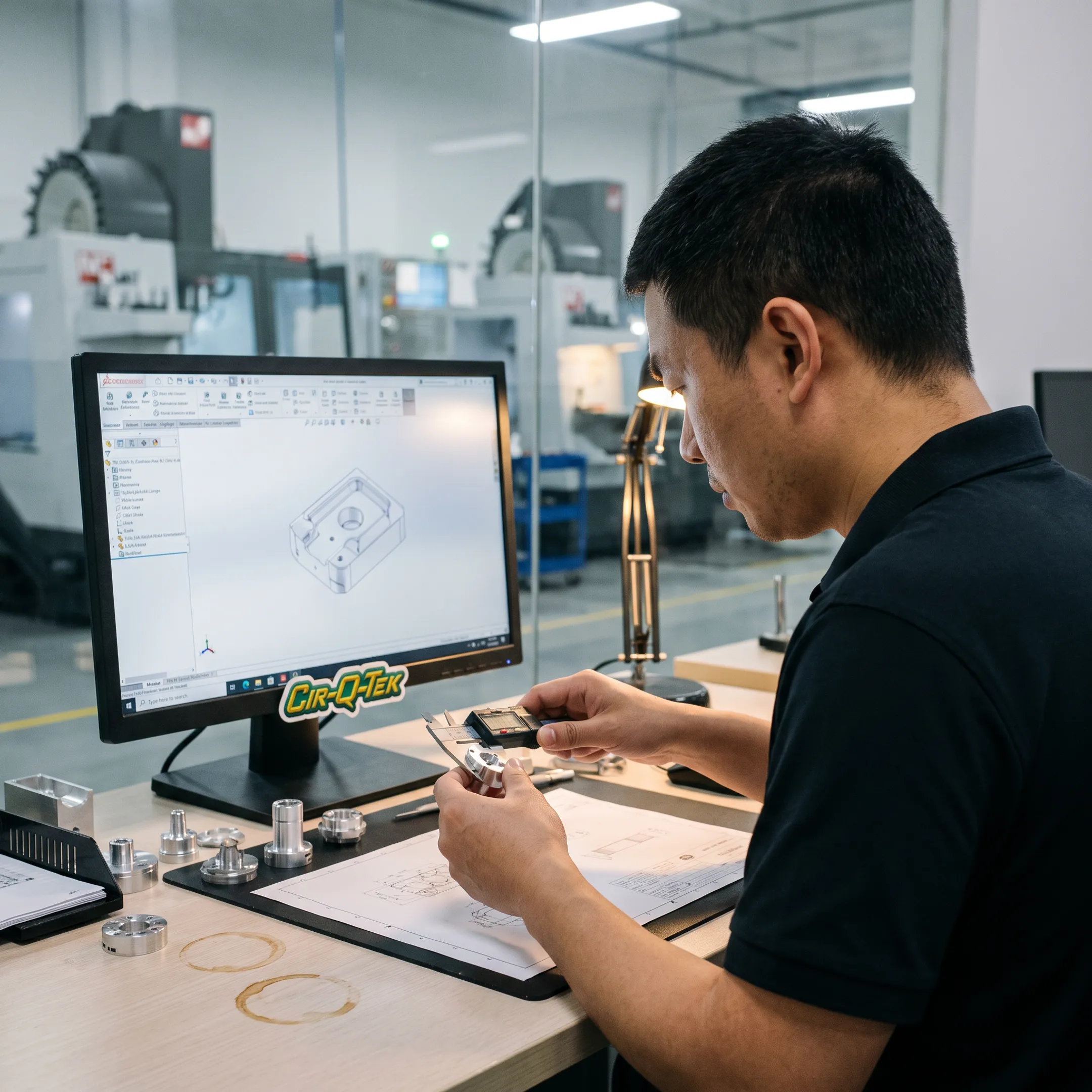 Engineer reviewing custom metal part drawings