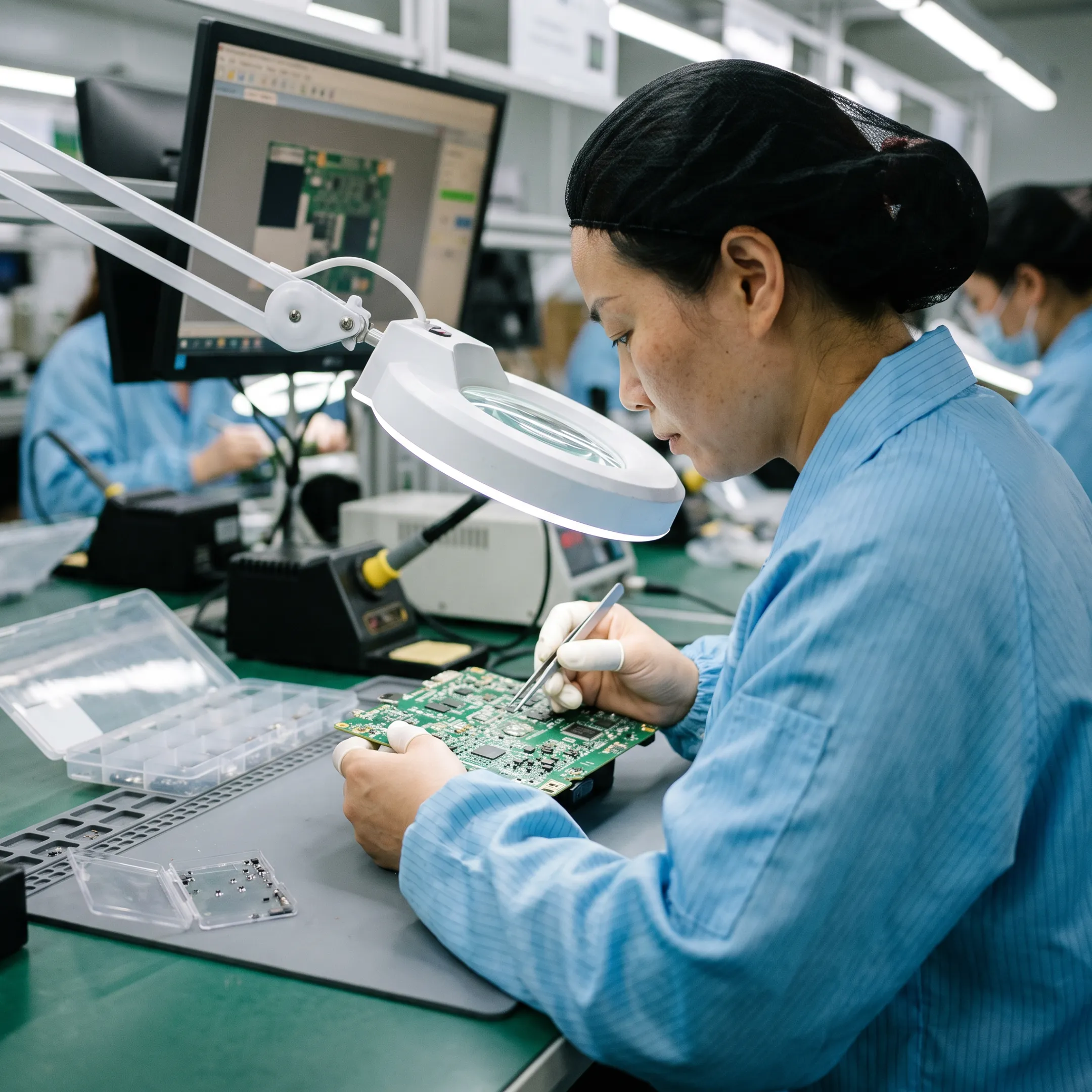 Technician inspecting an electronic circuit board assembly