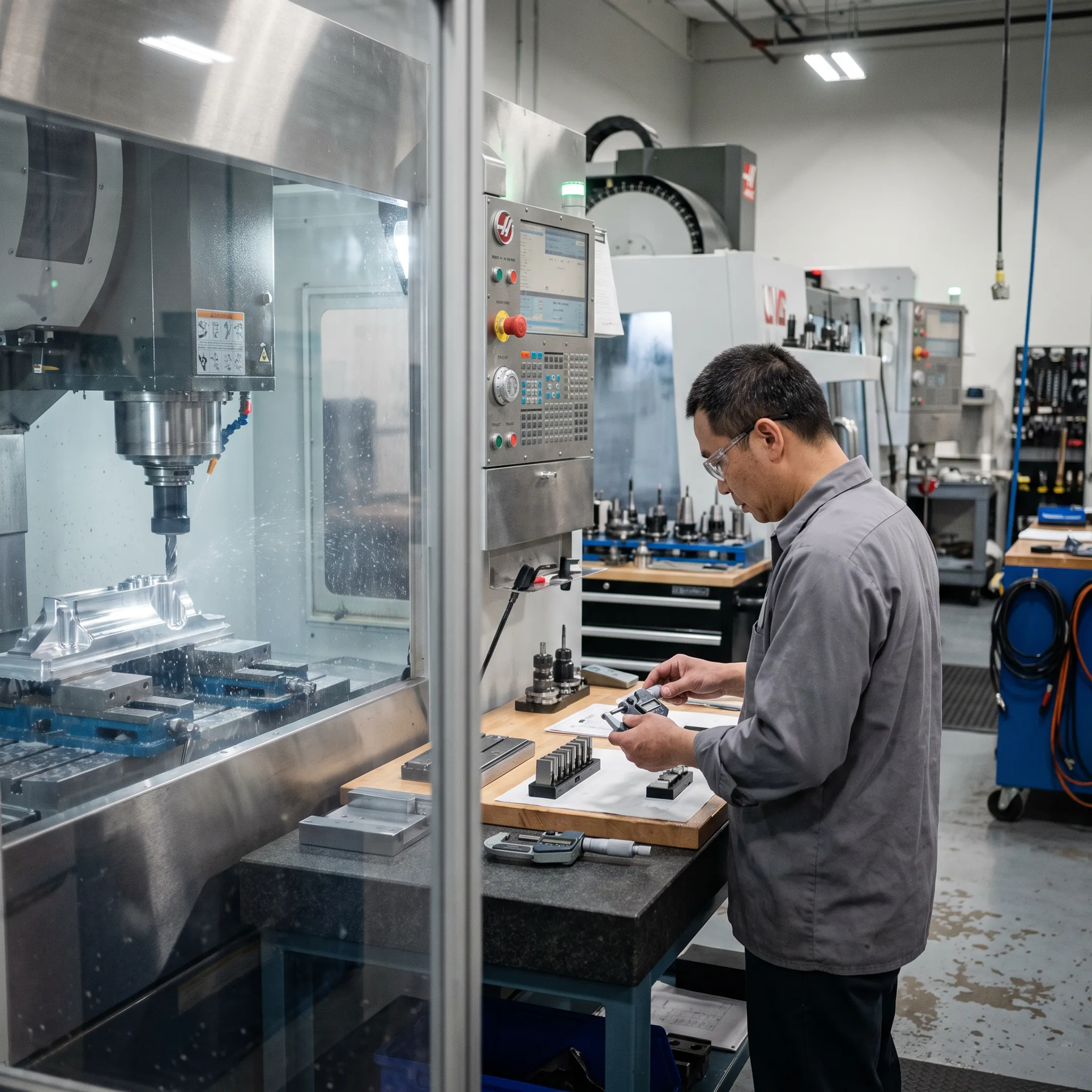 CNC machinist inspecting a precision metal component