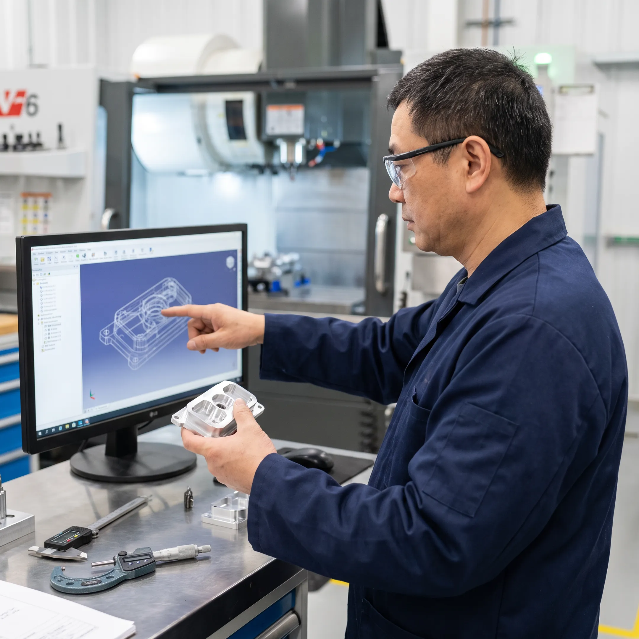 Engineer reviewing a machined component and digital model