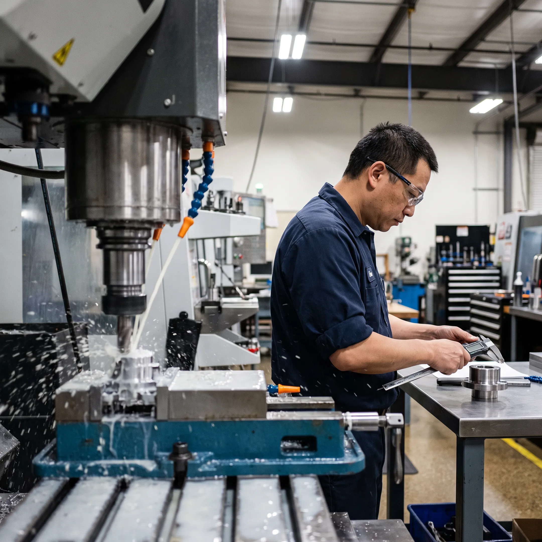 Precision CNC machinist inspecting a metal component