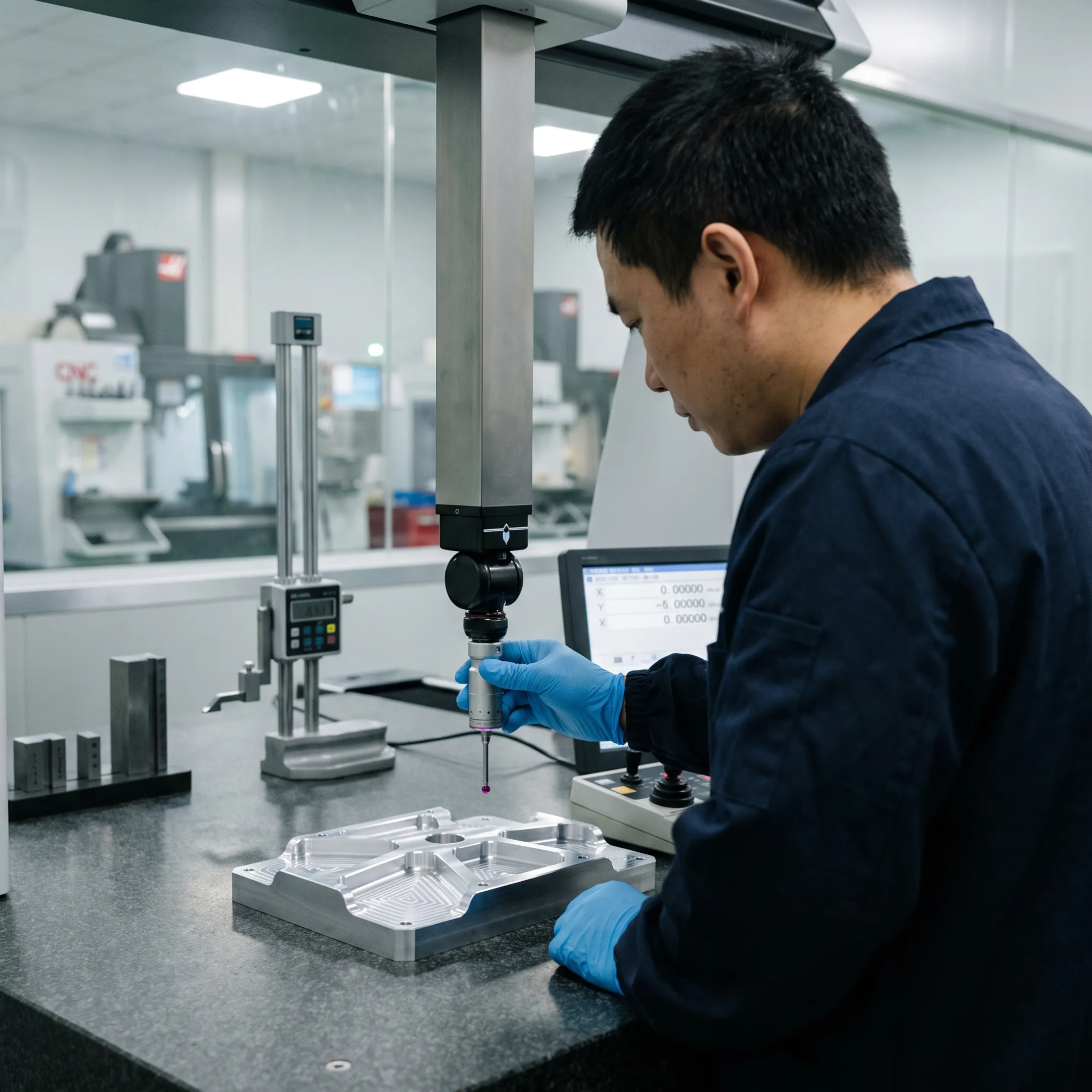 Precision-machined complex component undergoing dimensional inspection