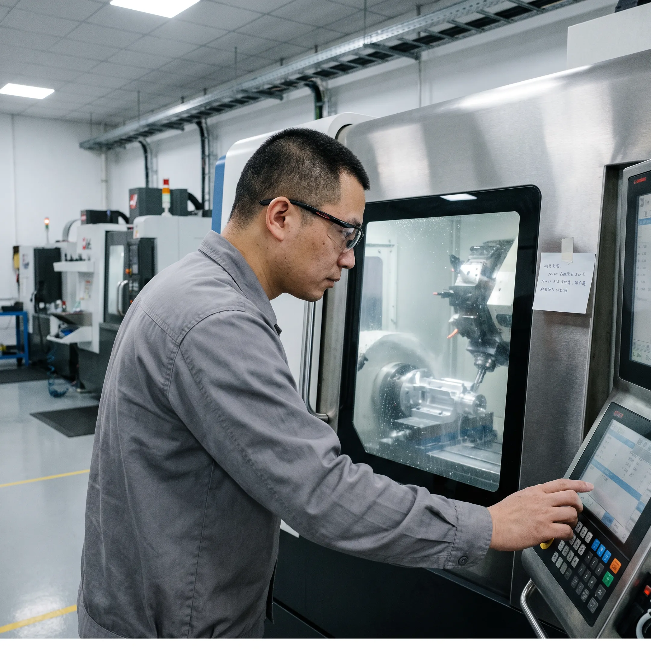 Technician operating a CNC machine for a complex metal part