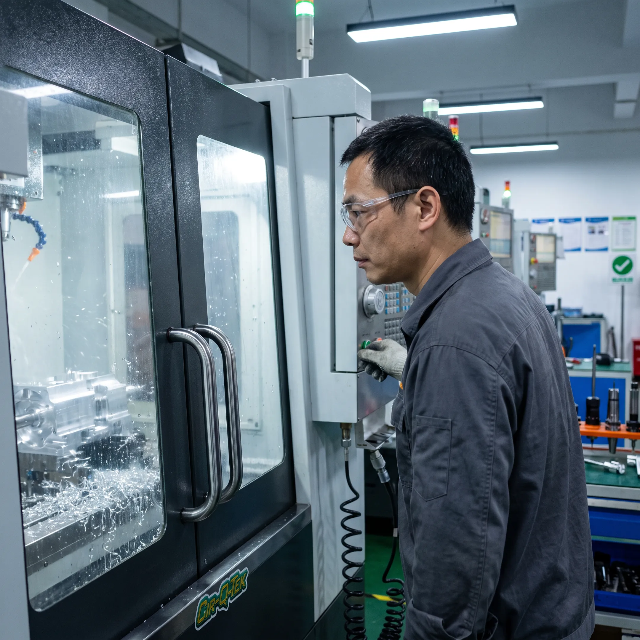 CNC operator machining an aluminum production part