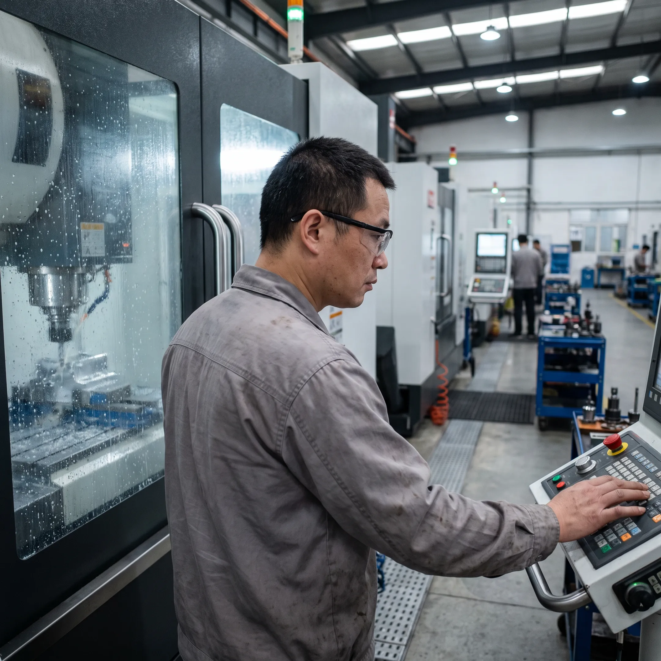 Technician operating a CNC machining center